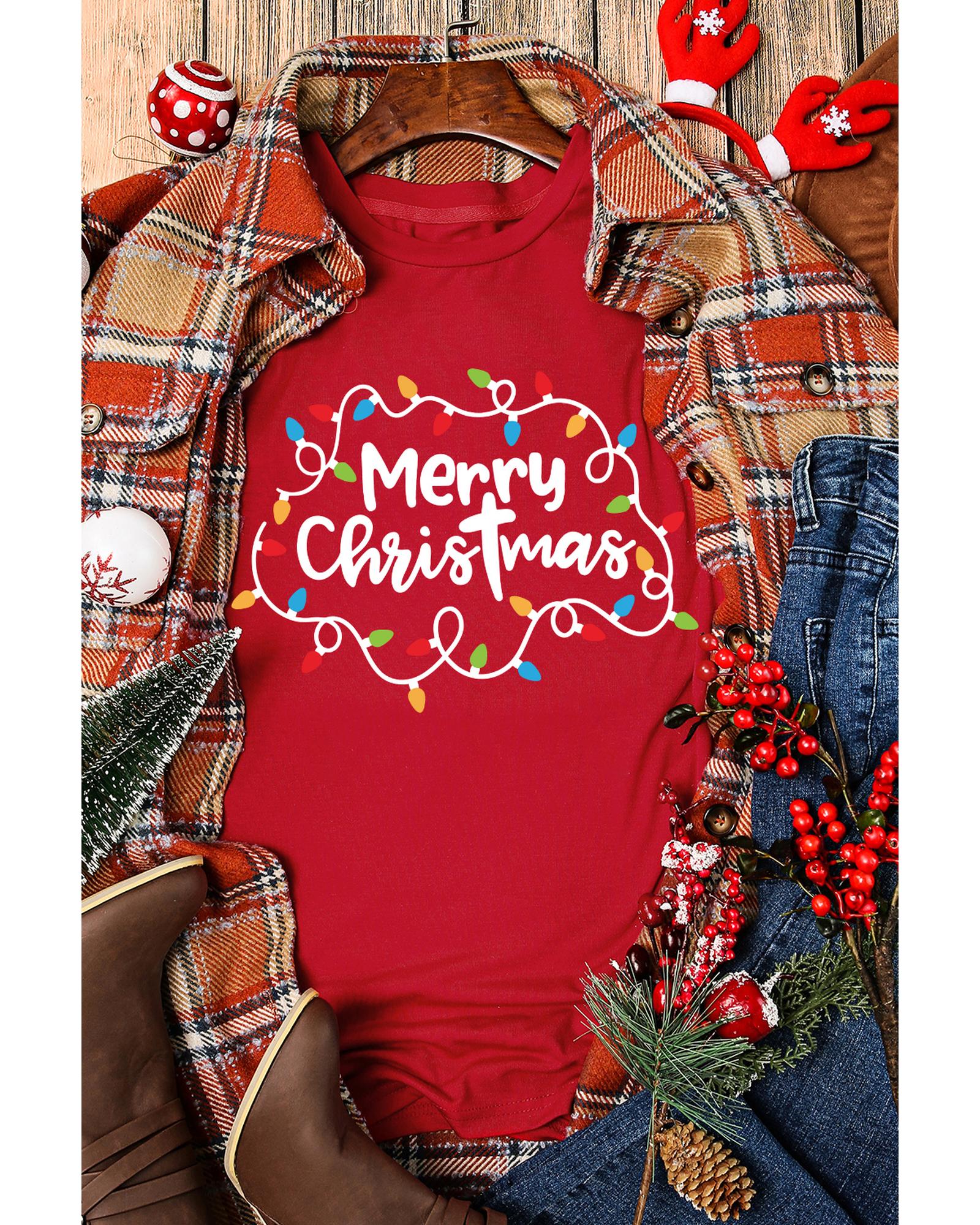 Red Merry Christmas Lights Print Crew Neck T Shirt - 2XL