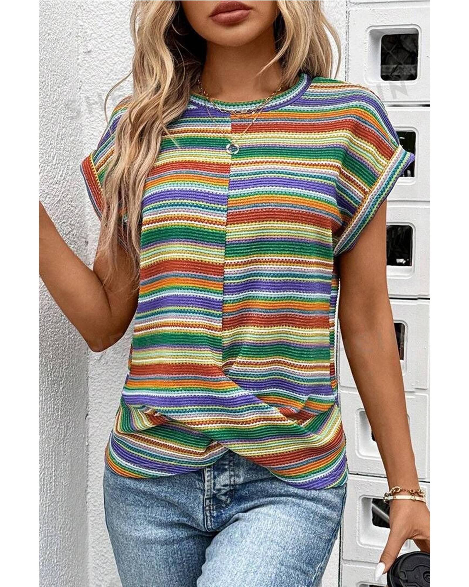 Multicolour Striped Pattern Twist Hem Short Sleeve Top - S