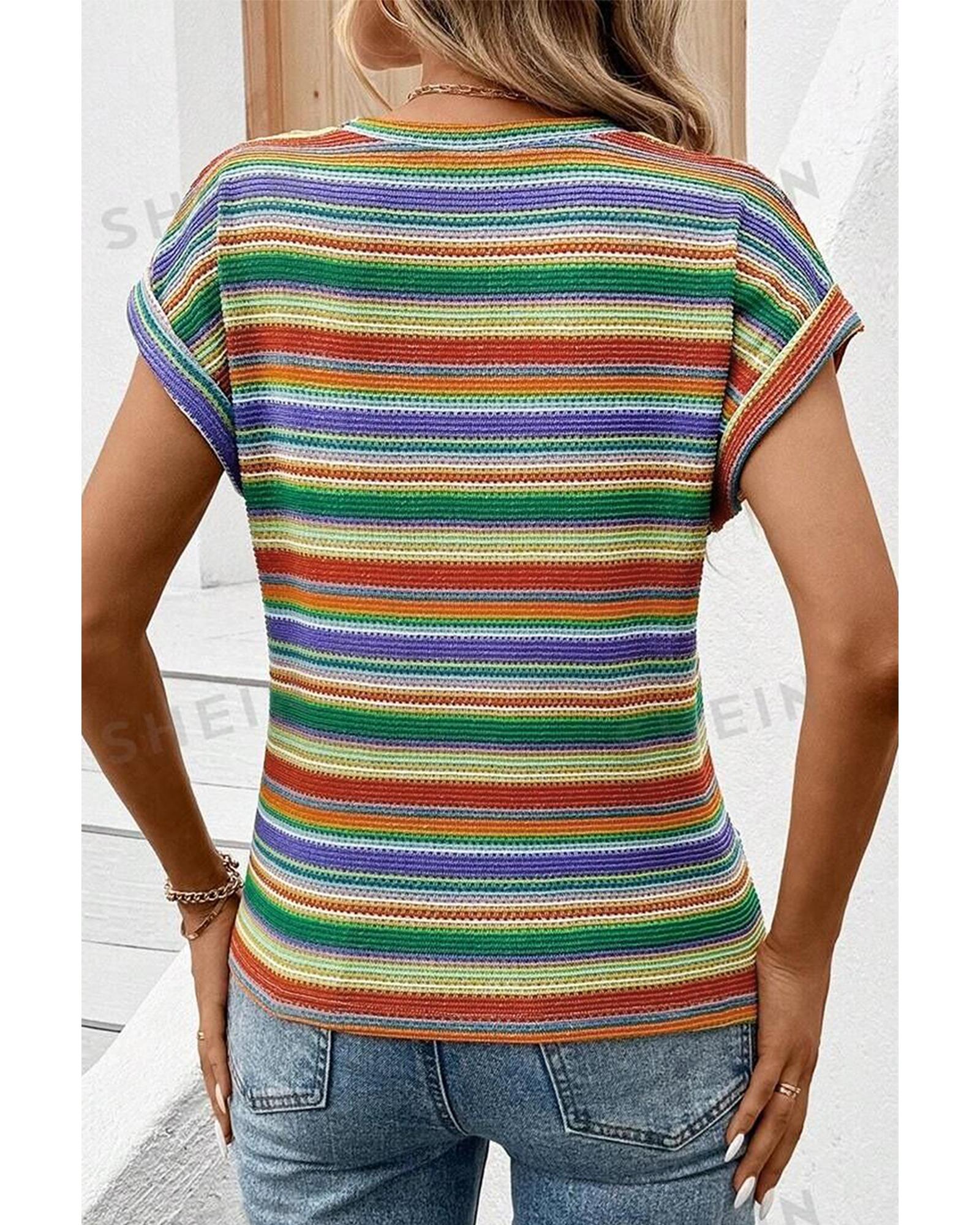 Multicolour Striped Pattern Twist Hem Short Sleeve Top - S