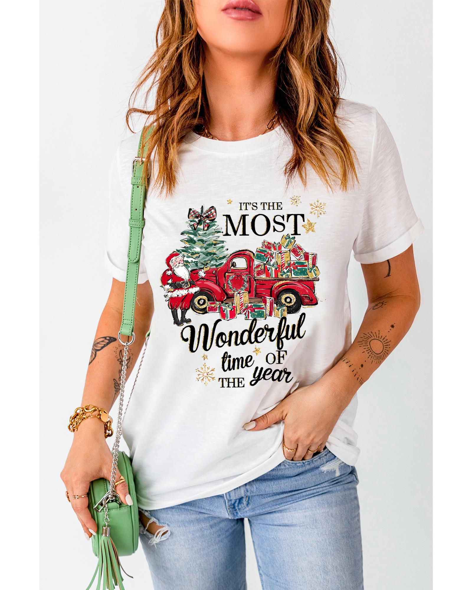 White Christmas Pattern Slogan Print Crew Neck T Shirt - 2XL