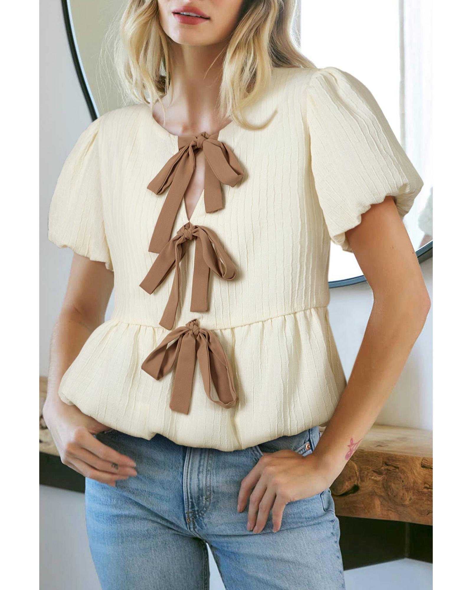 White Textured Bow Ties Front Bubble Hem Puff Short Sleeve Blouse - L