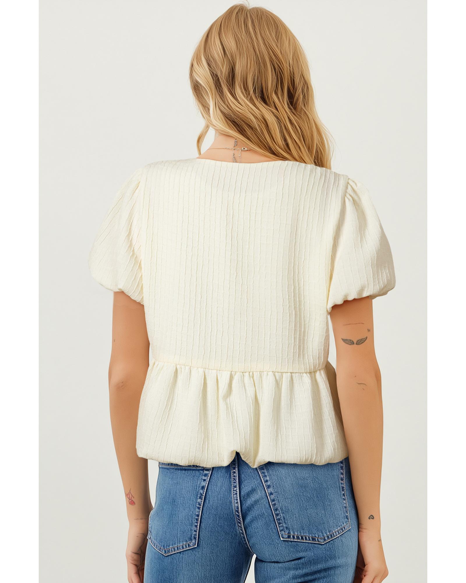White Textured Bow Ties Front Bubble Hem Puff Short Sleeve Blouse - L