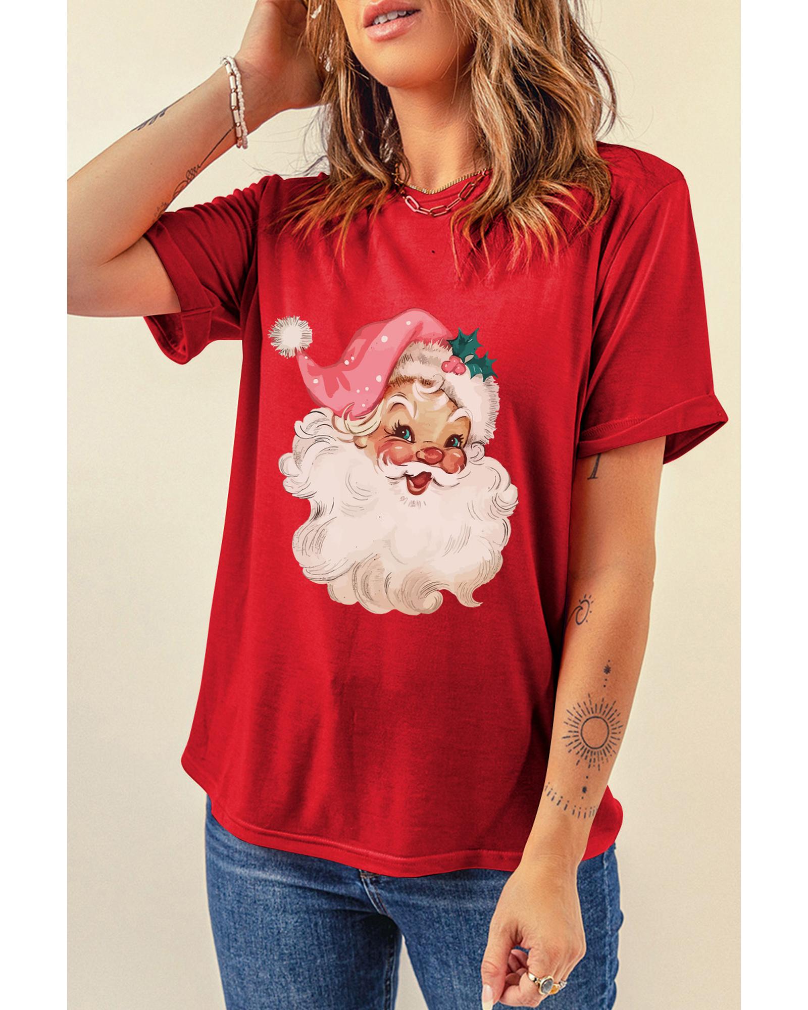 Red Christmas Santa Claus Print Crew Neck T Shirt - 2XL