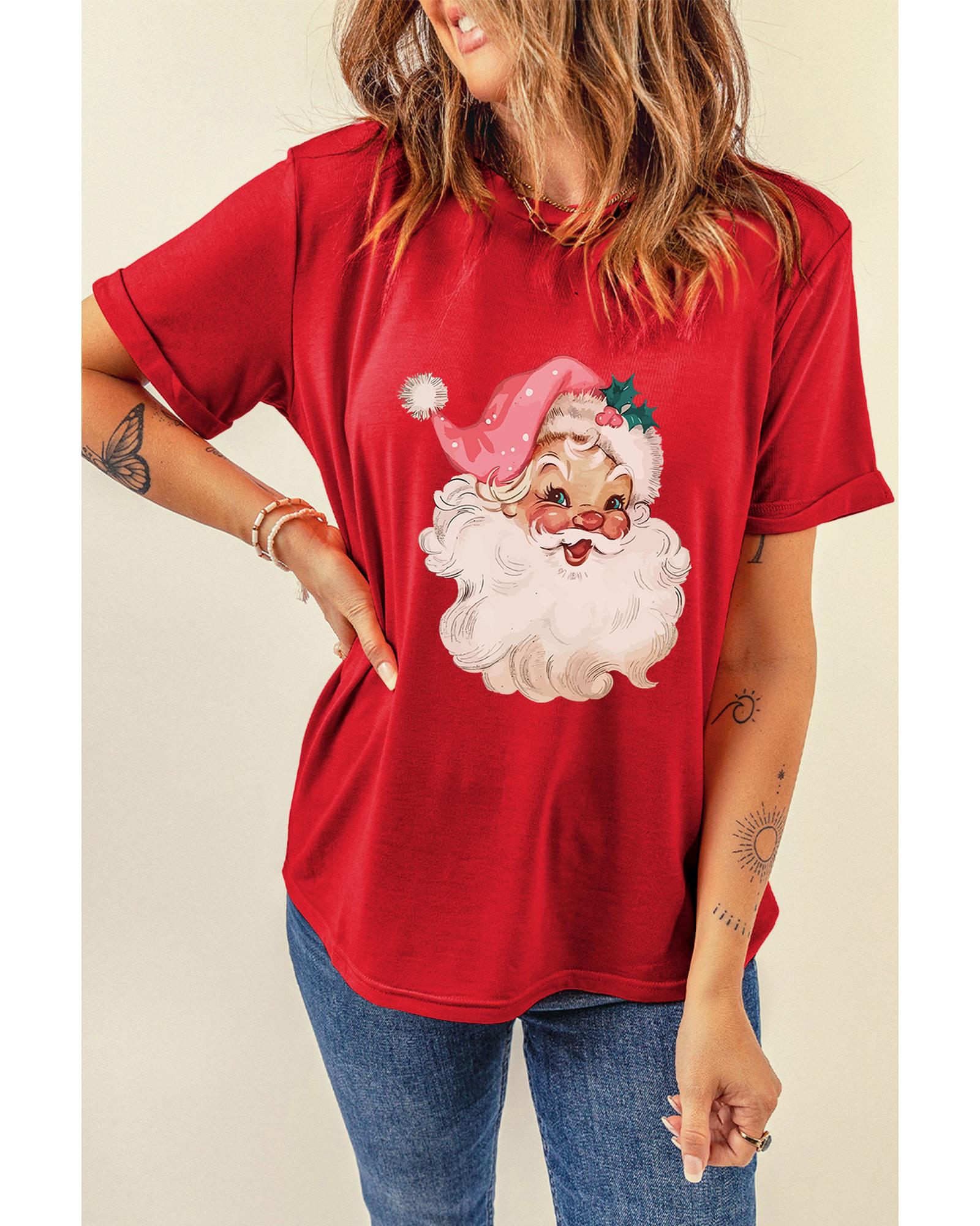 Red Christmas Santa Claus Print Crew Neck T Shirt - 2XL