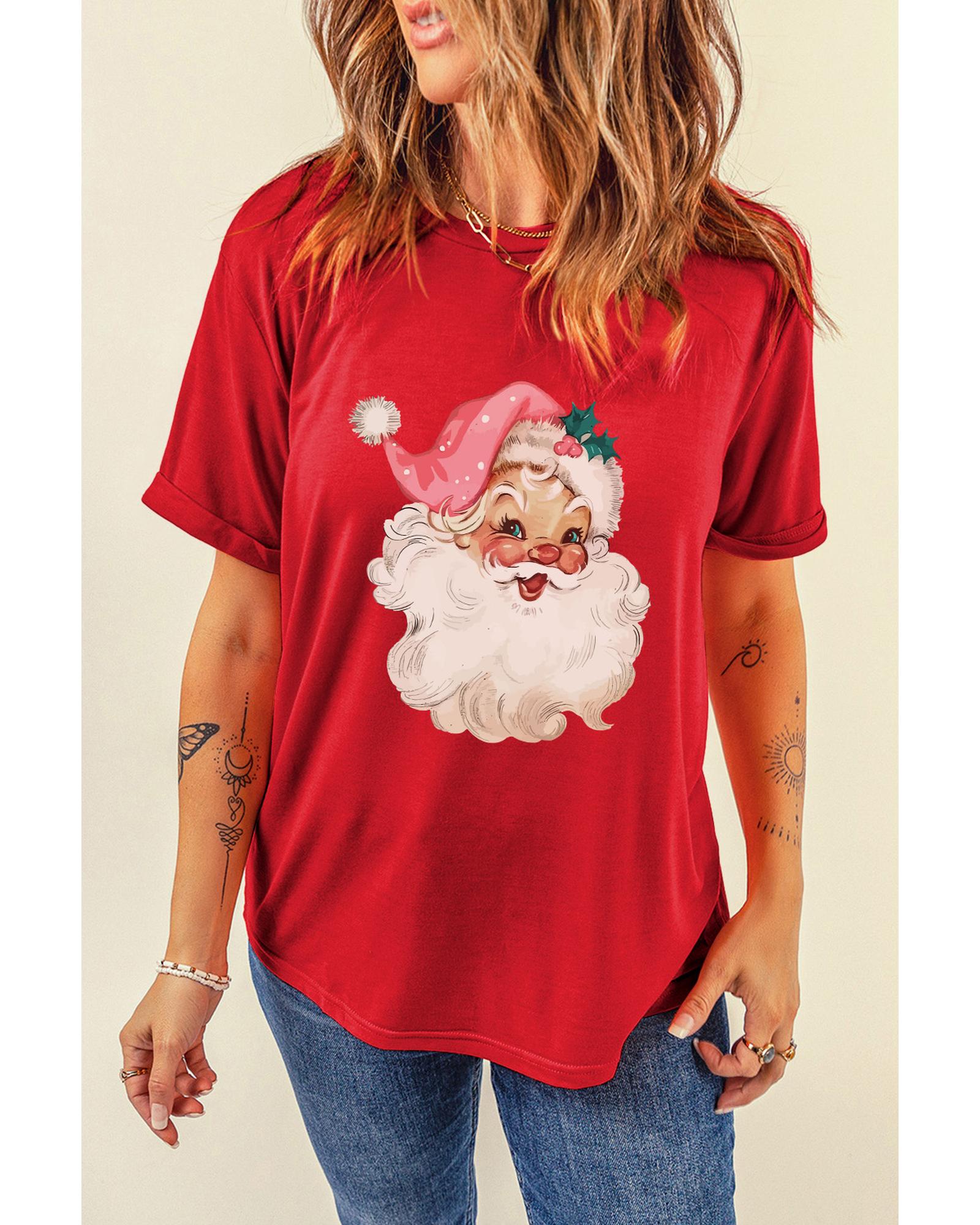 Red Christmas Santa Claus Print Crew Neck T Shirt - L