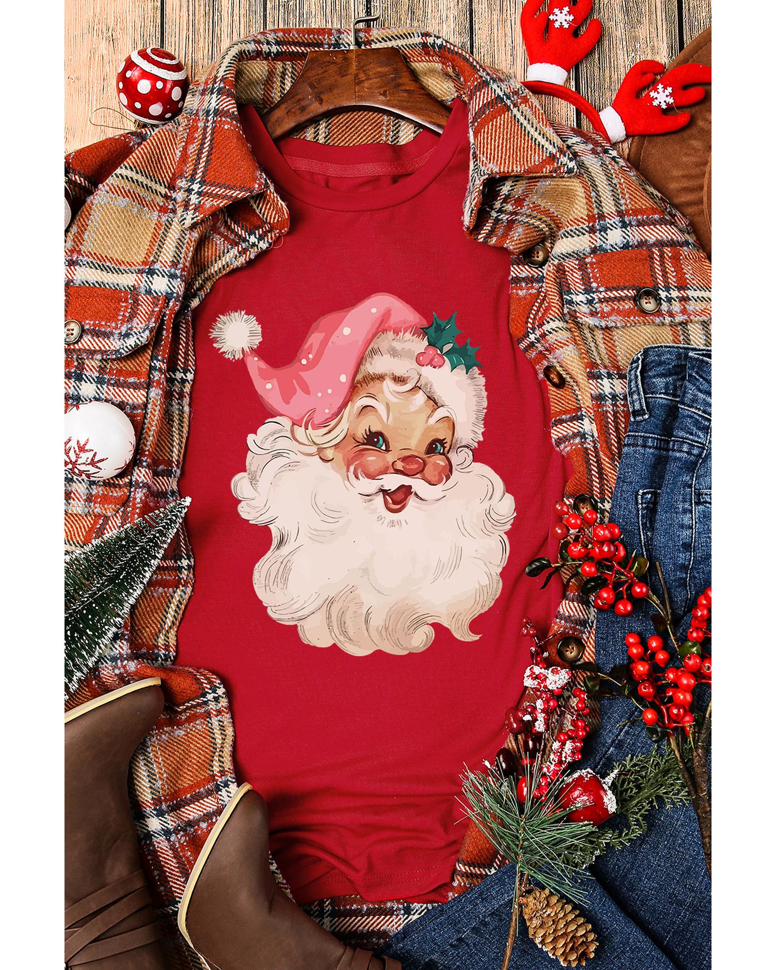Red Christmas Santa Claus Print Crew Neck T Shirt - L