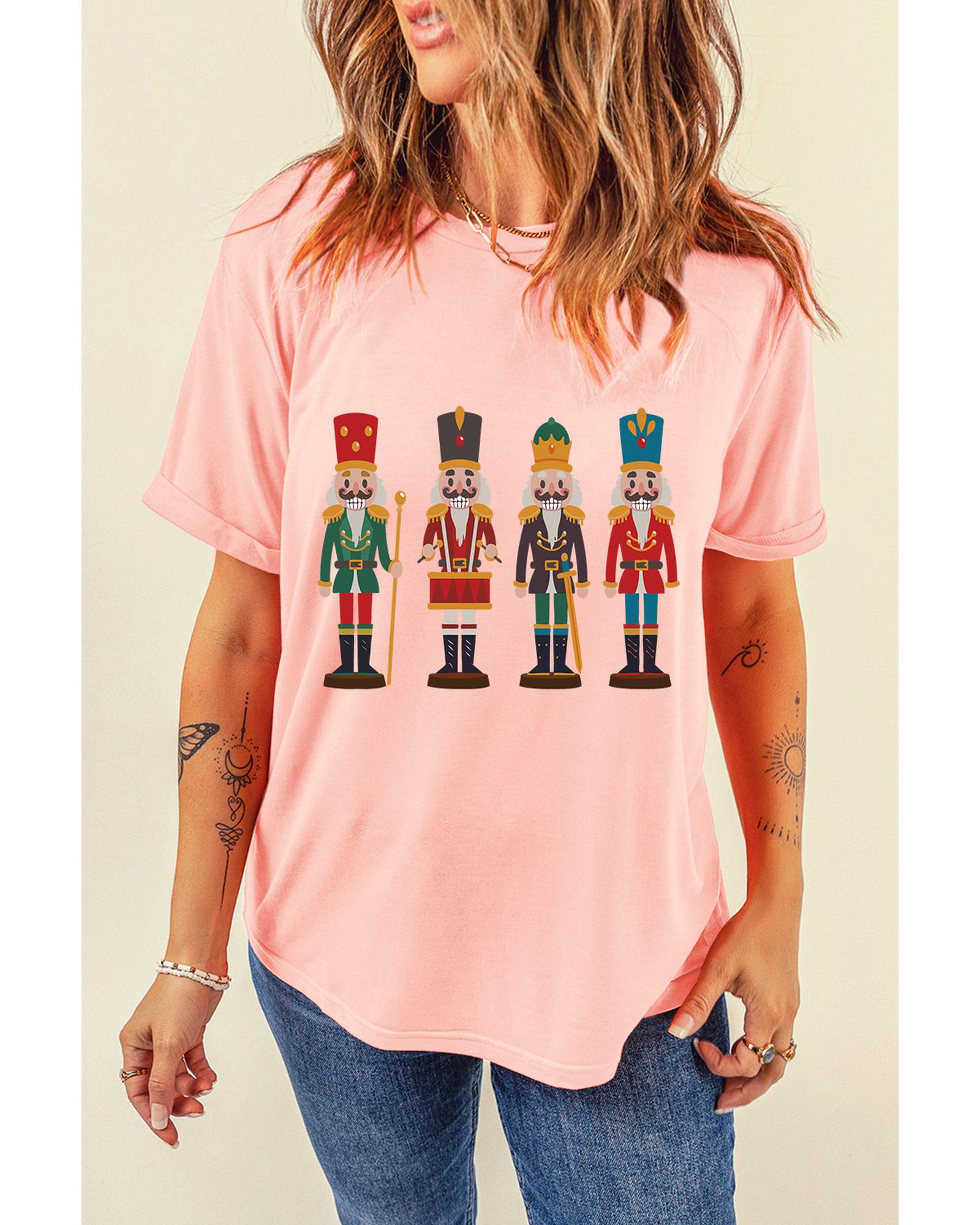 Pink Cute Nutcracker Graphic Crewneck Christmas T Shirt - XL