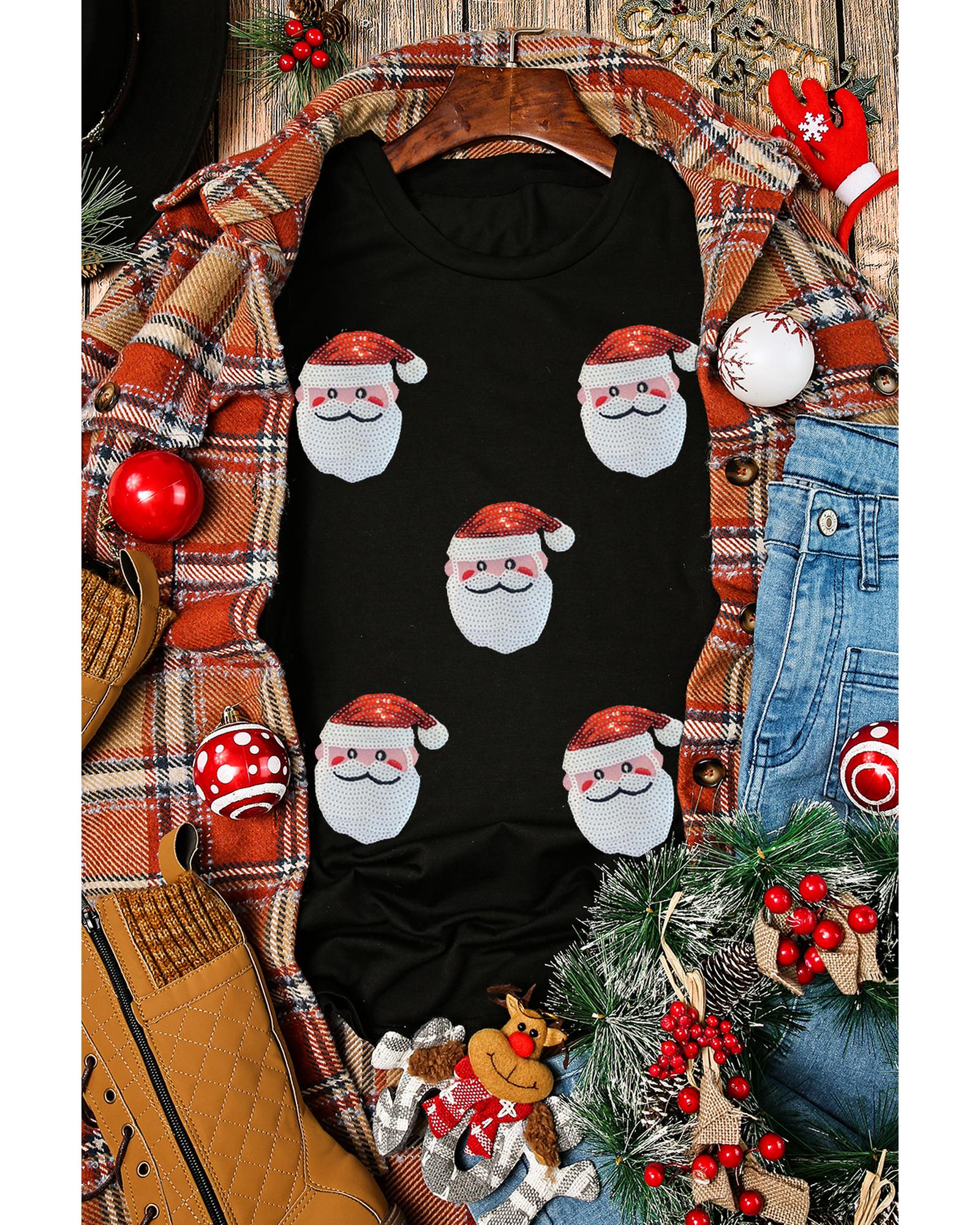 Black Sequin Christmas Claus Pattern Crewneck T Shirt - L