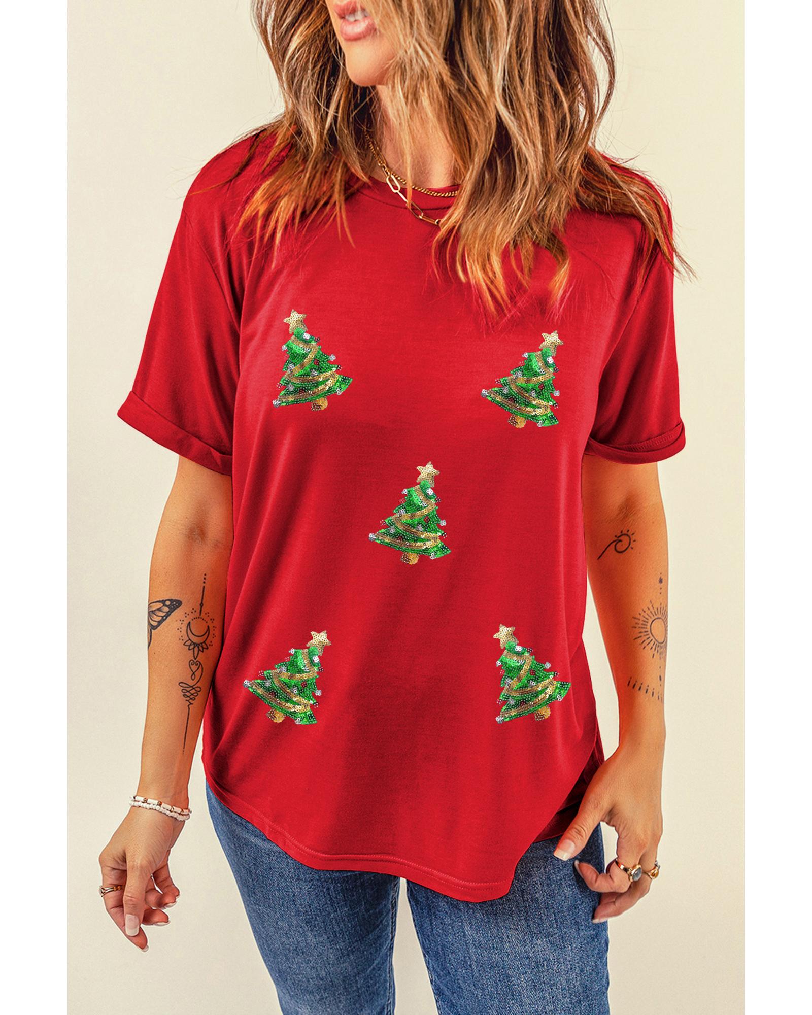 Red Sequined Christmas Tree Graphic Crewneck T Shirt - L