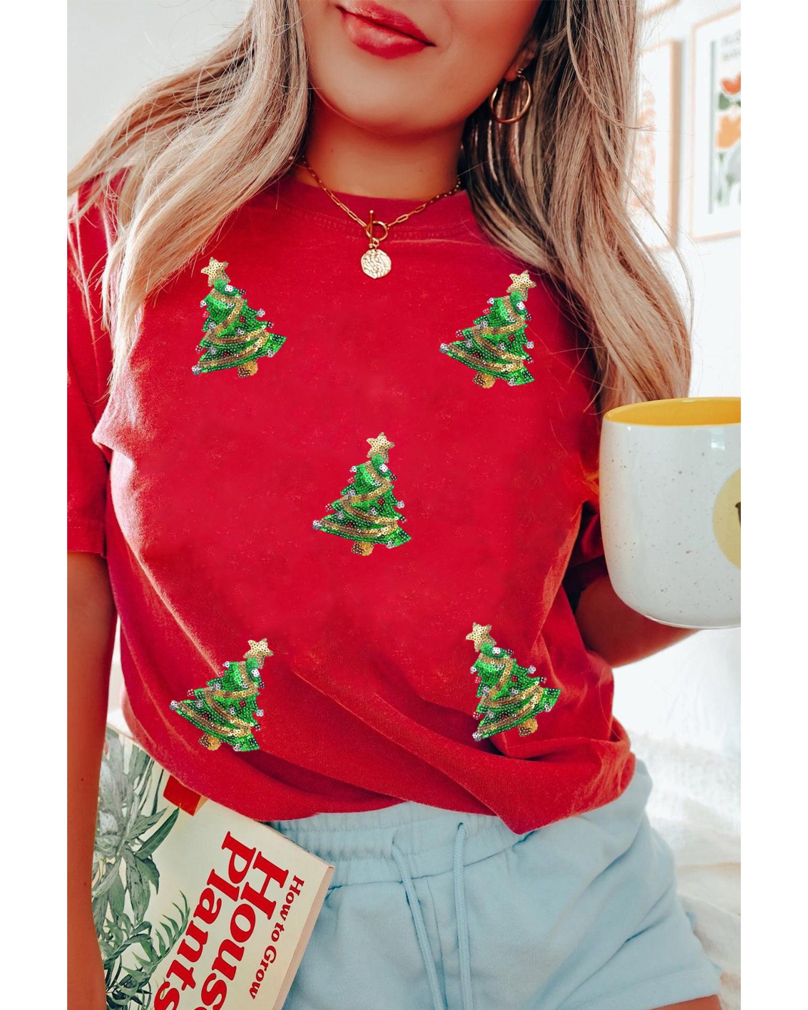 Red Sequined Christmas Tree Graphic Crewneck T Shirt - L