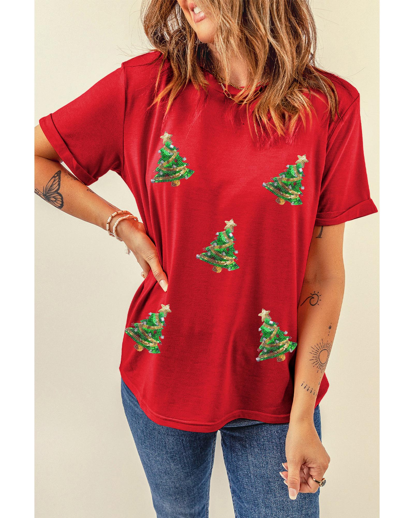 Red Sequined Christmas Tree Graphic Crewneck T Shirt - S