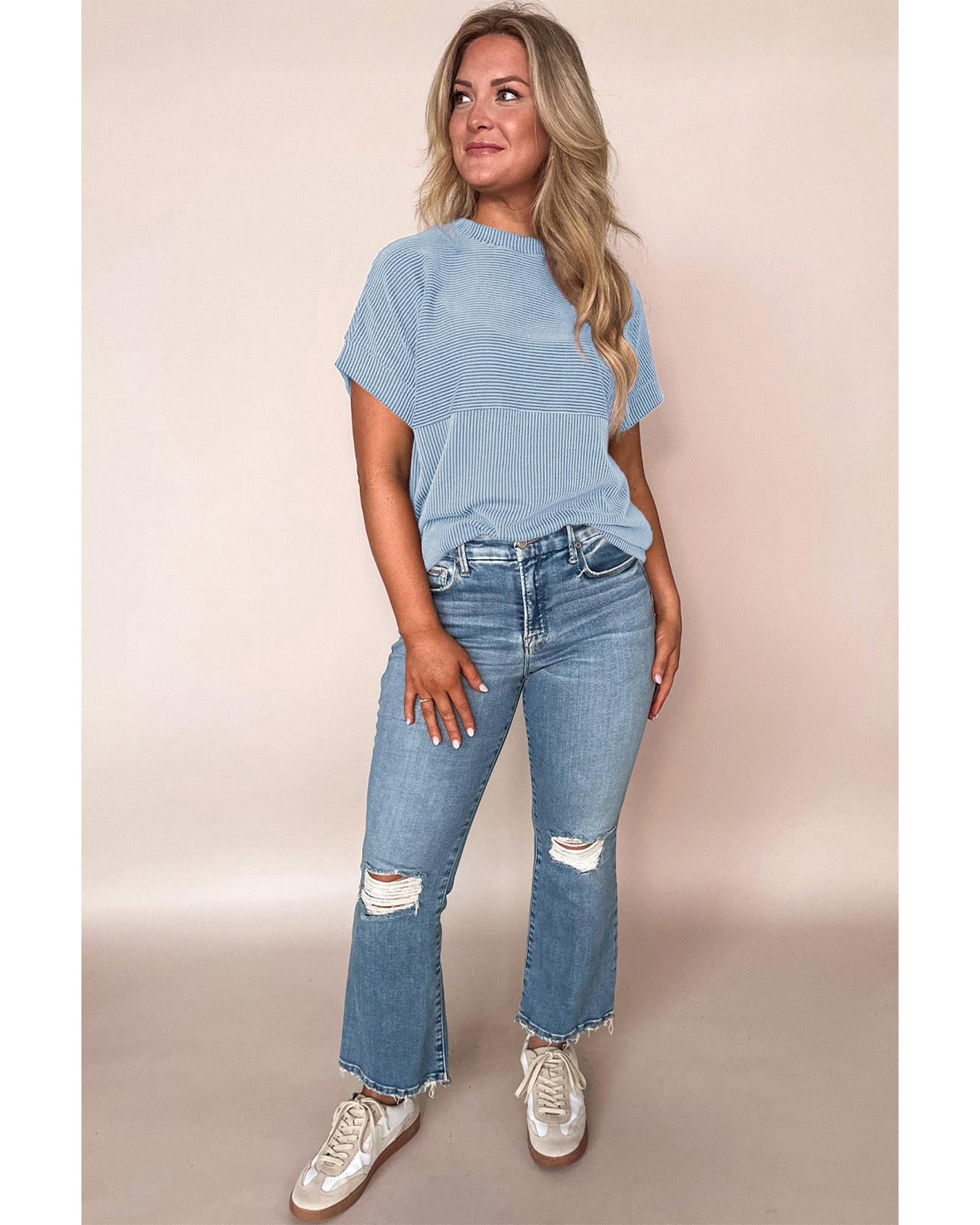 Myosotis Plain Corded Knit Mock Neck T Shirt - M