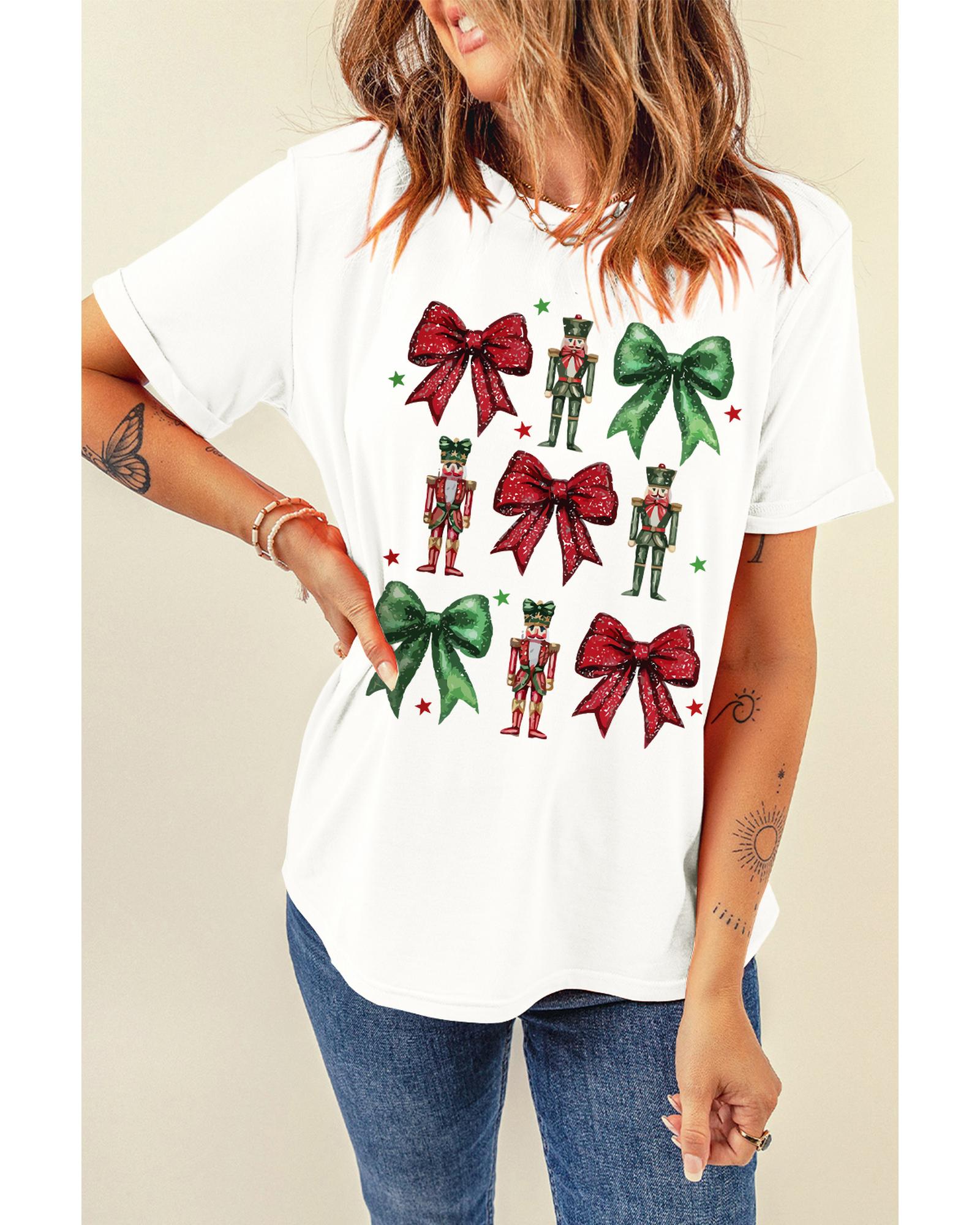 White Bowknot Nutcracker Printed Crewneck Christmas T Shirt - M