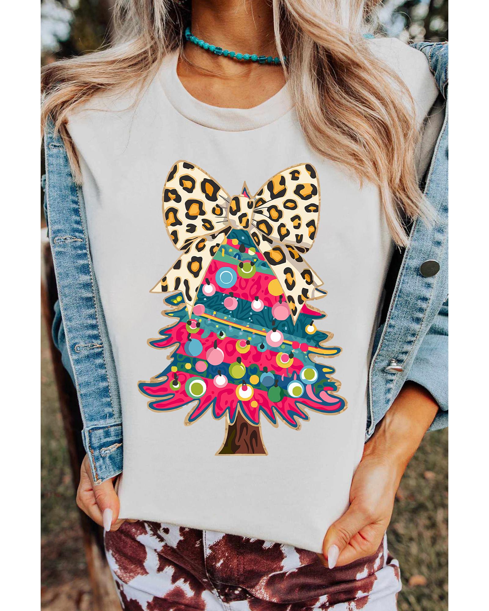 White Leopard Bow Decor Christmas Tree Graphic Crew Neck Tee - XL