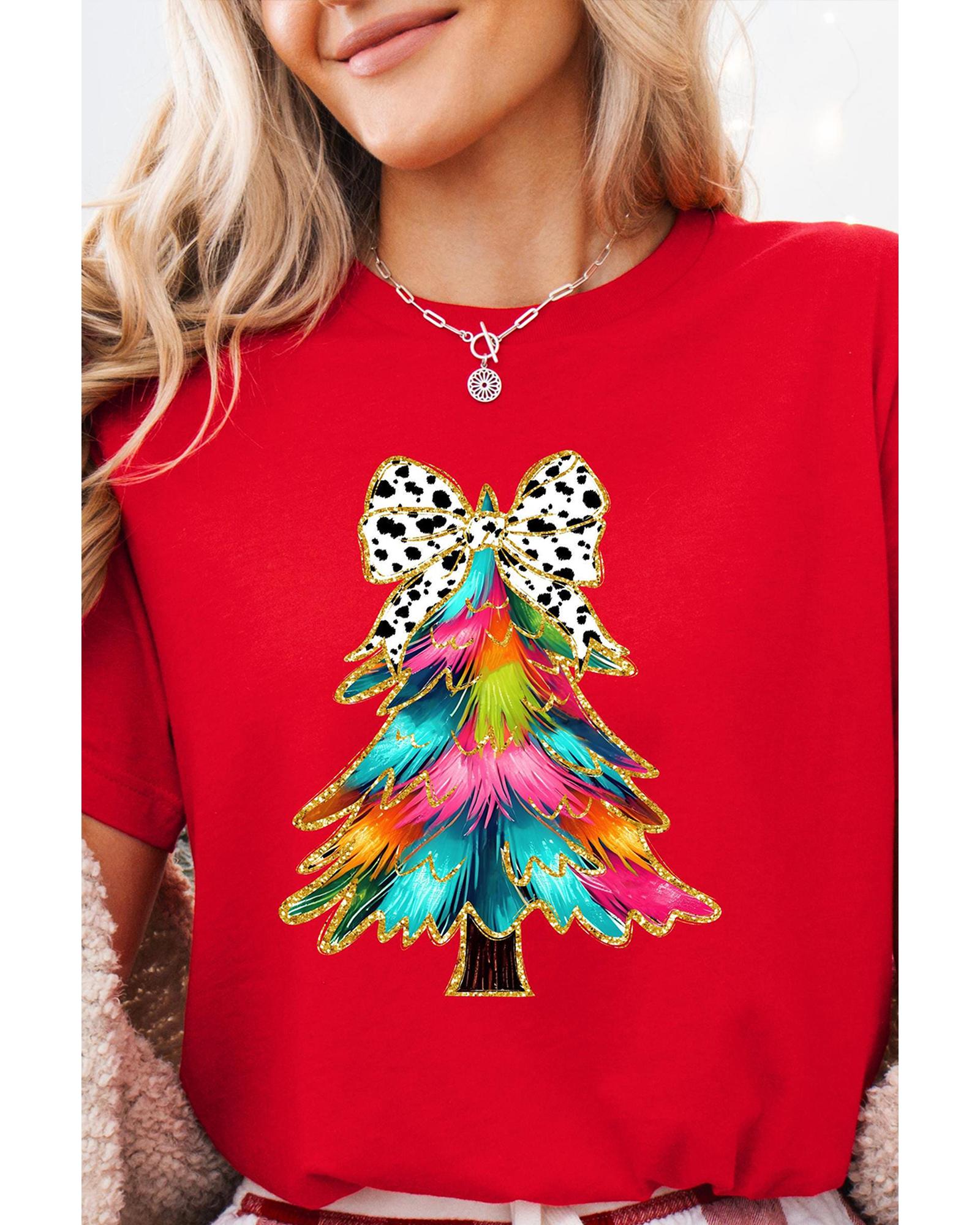 Red Bow Decor Christmas Tree Graphic Holiday T Shirt - 2XL