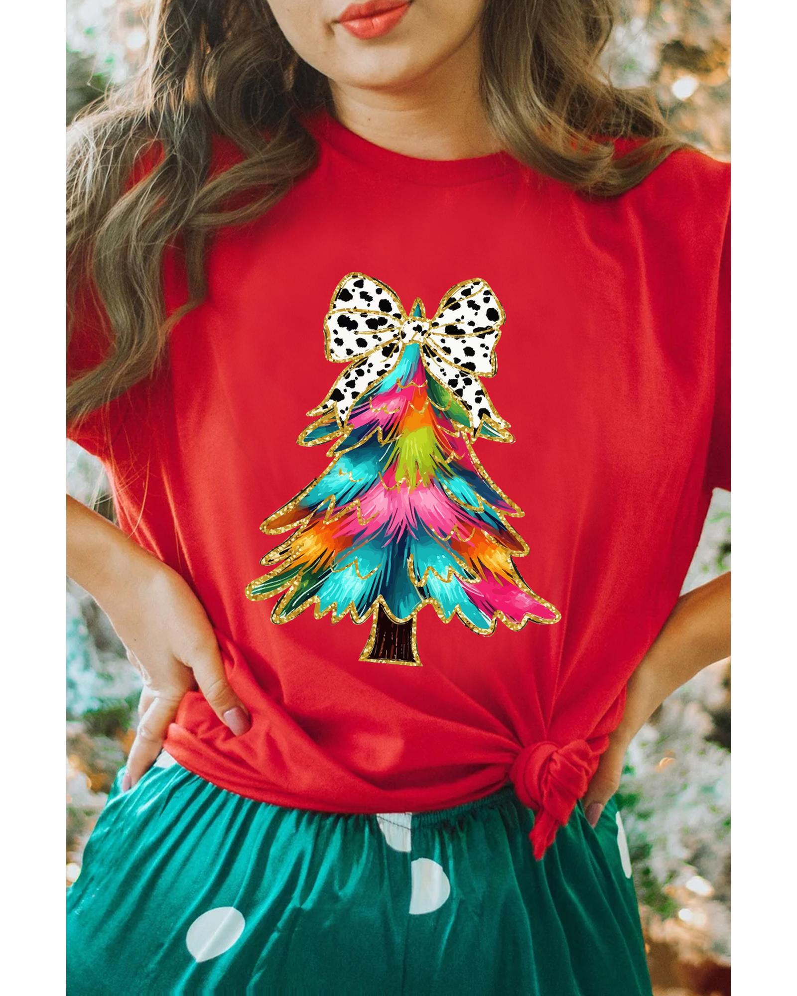 Red Bow Decor Christmas Tree Graphic Holiday T Shirt - 2XL