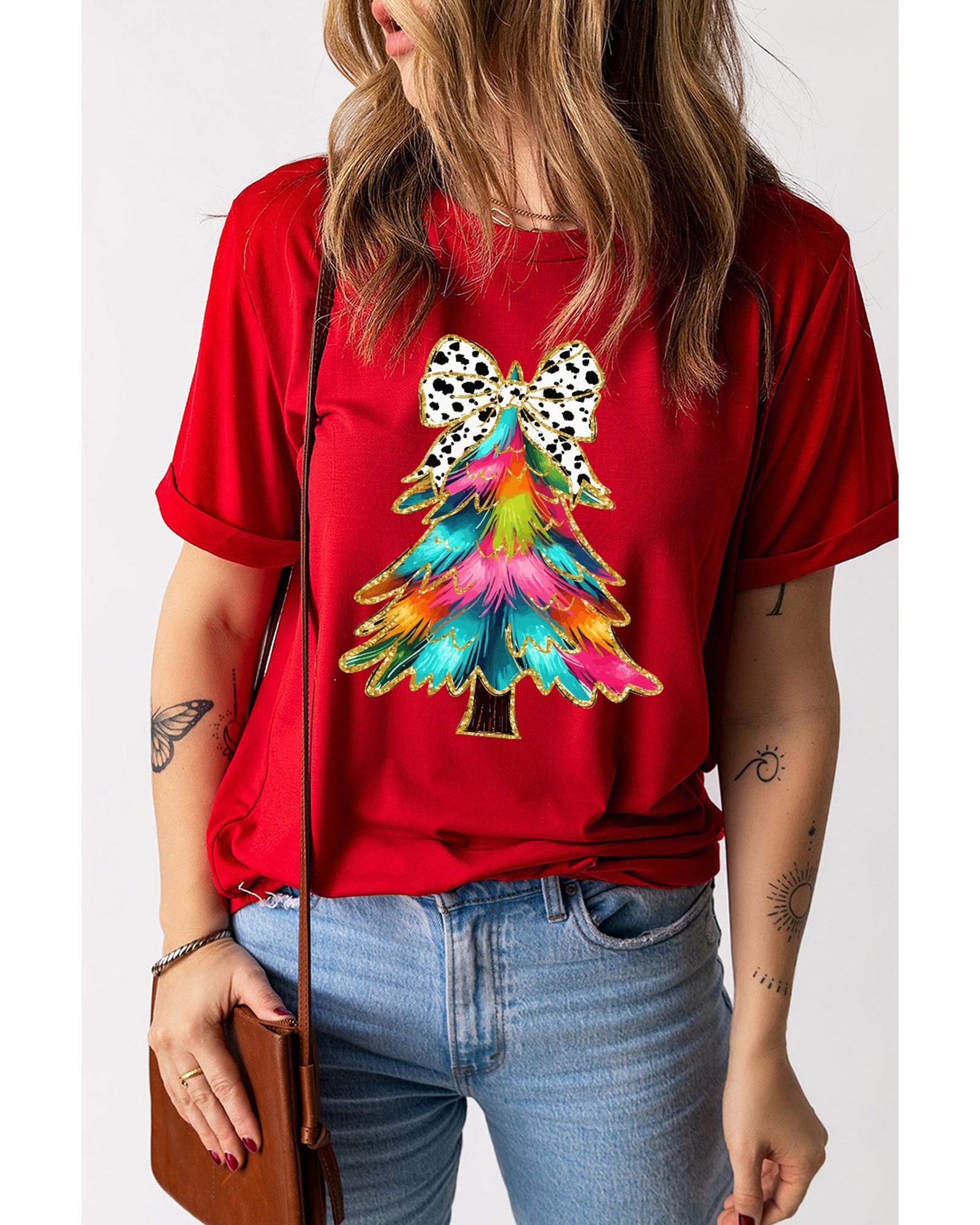 Red Bow Decor Christmas Tree Graphic Holiday T Shirt - L