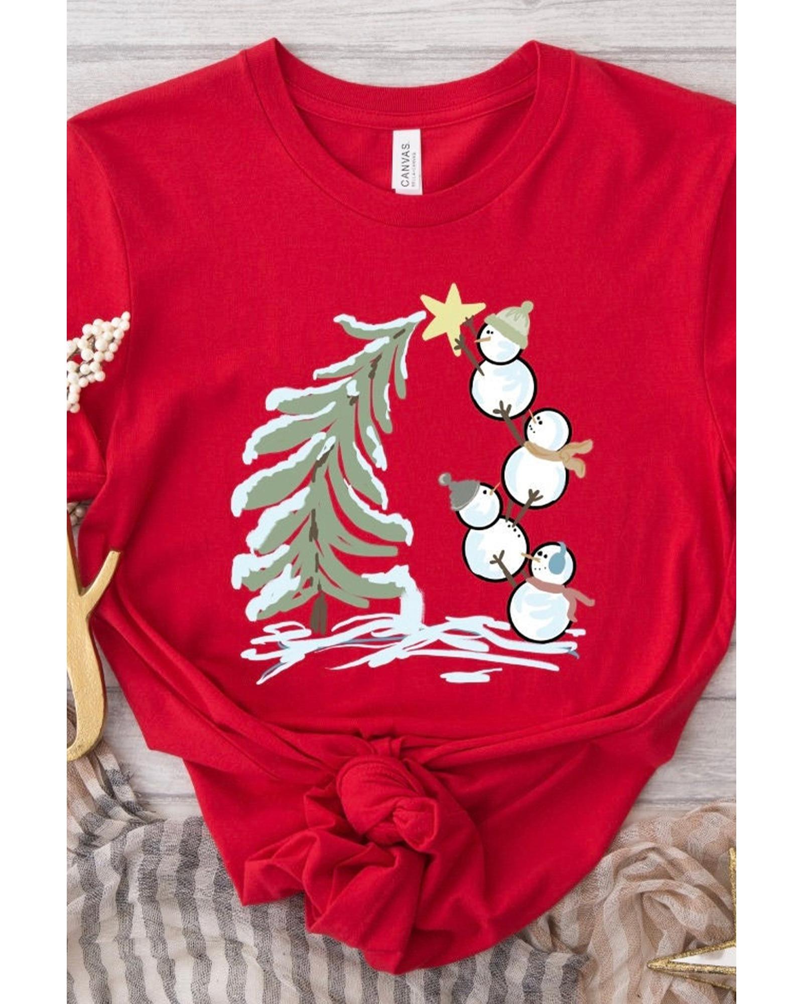 Red Christmas Tree Snowman Printed Crewneck T Shirt - 2XL
