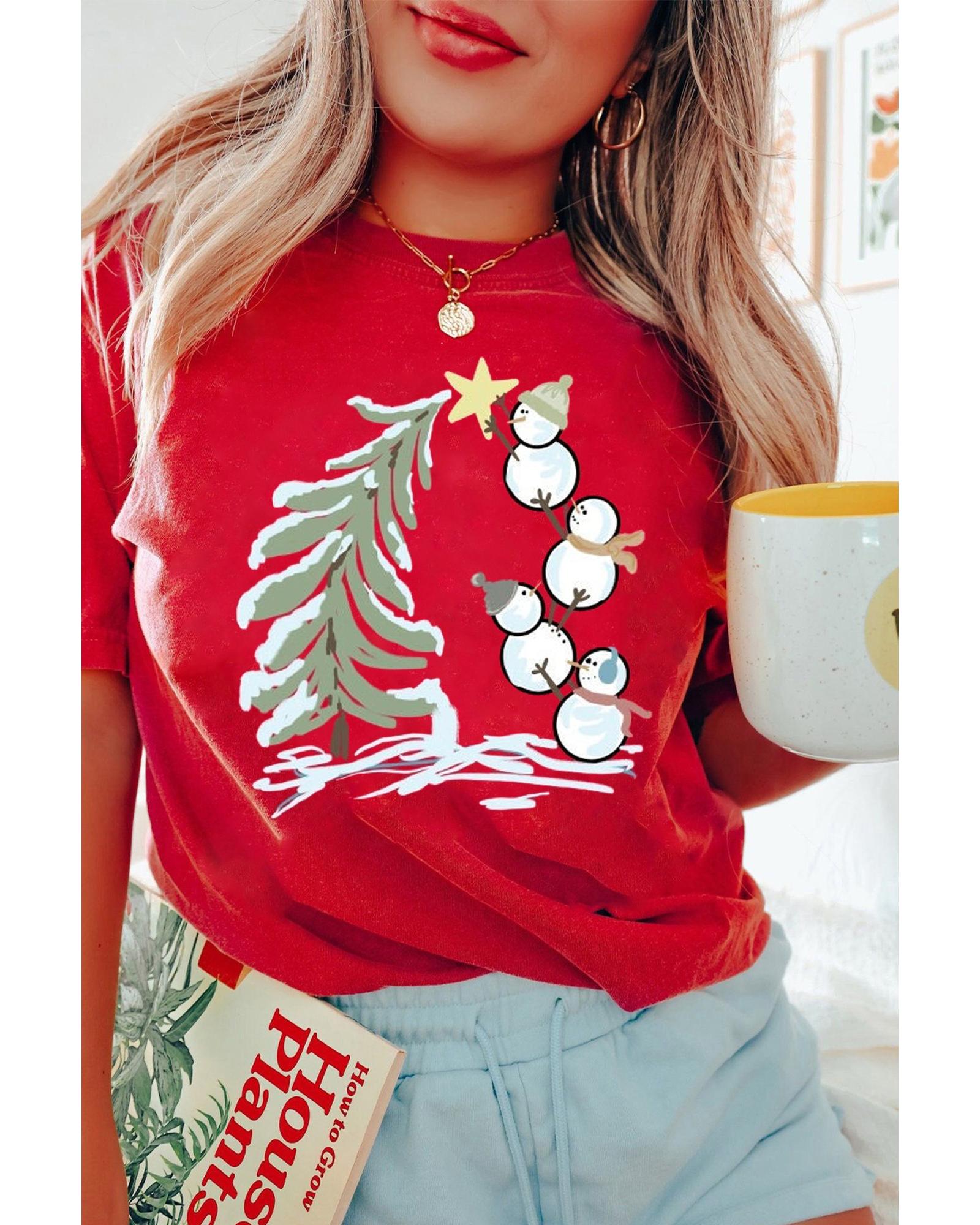 Red Christmas Tree Snowman Printed Crewneck T Shirt - L