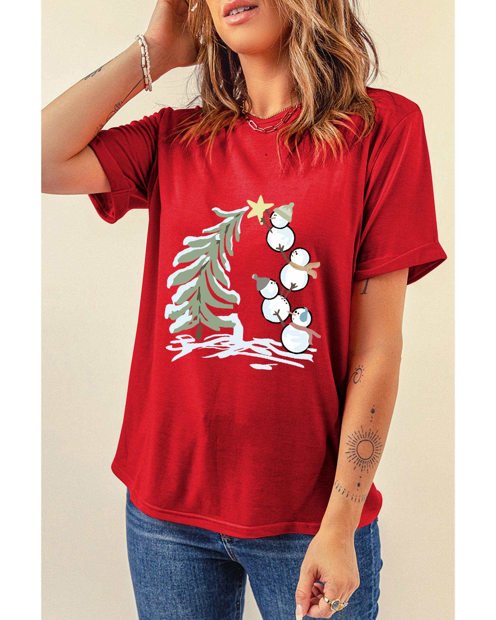 Red Christmas Tree Snowman Printed Crewneck T Shirt - L