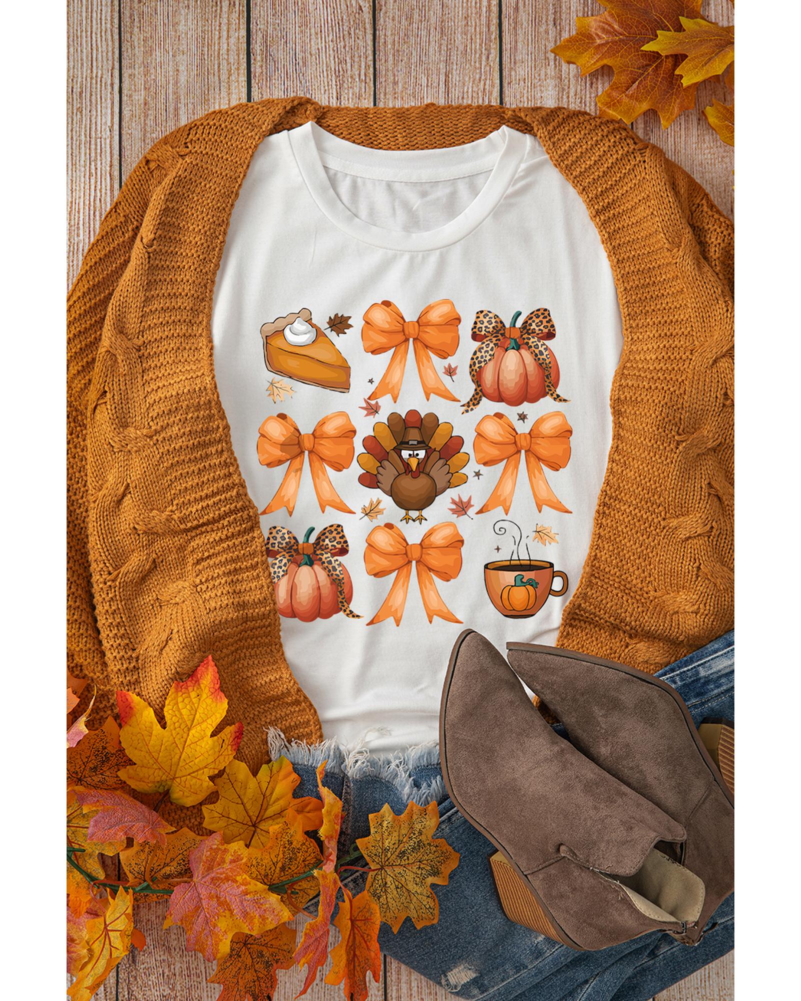 White Turkey Coquette Bow Pumpkin Thanksgiving T-Shirt - M