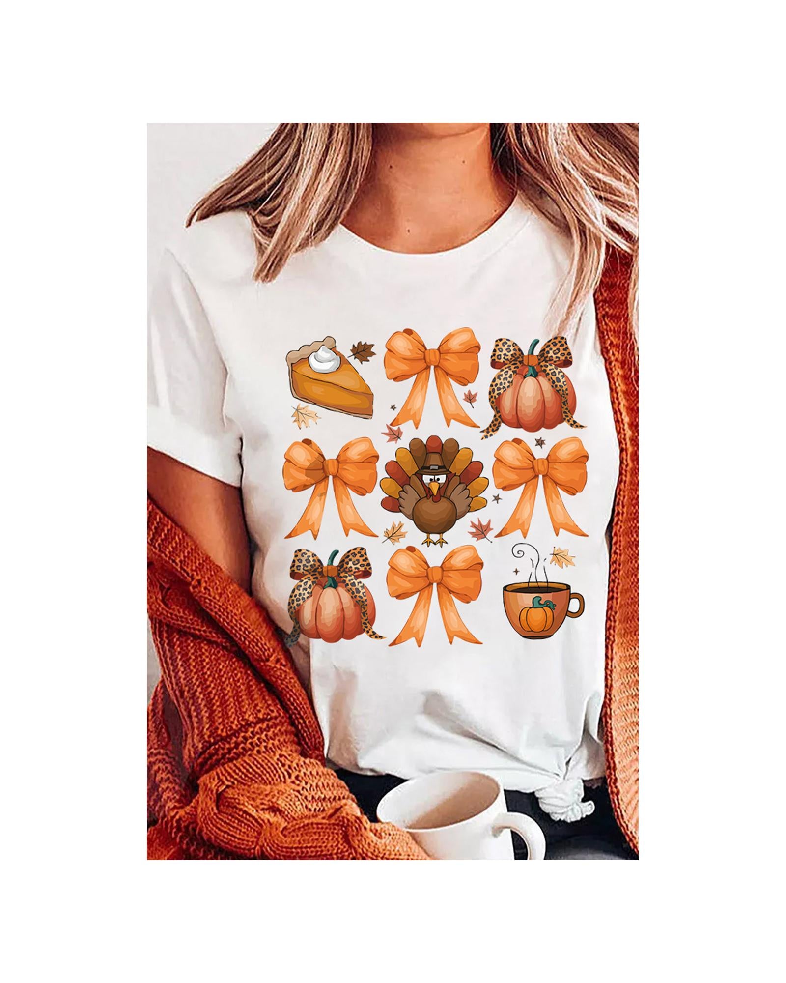 White Turkey Coquette Bow Pumpkin Thanksgiving T-Shirt - M