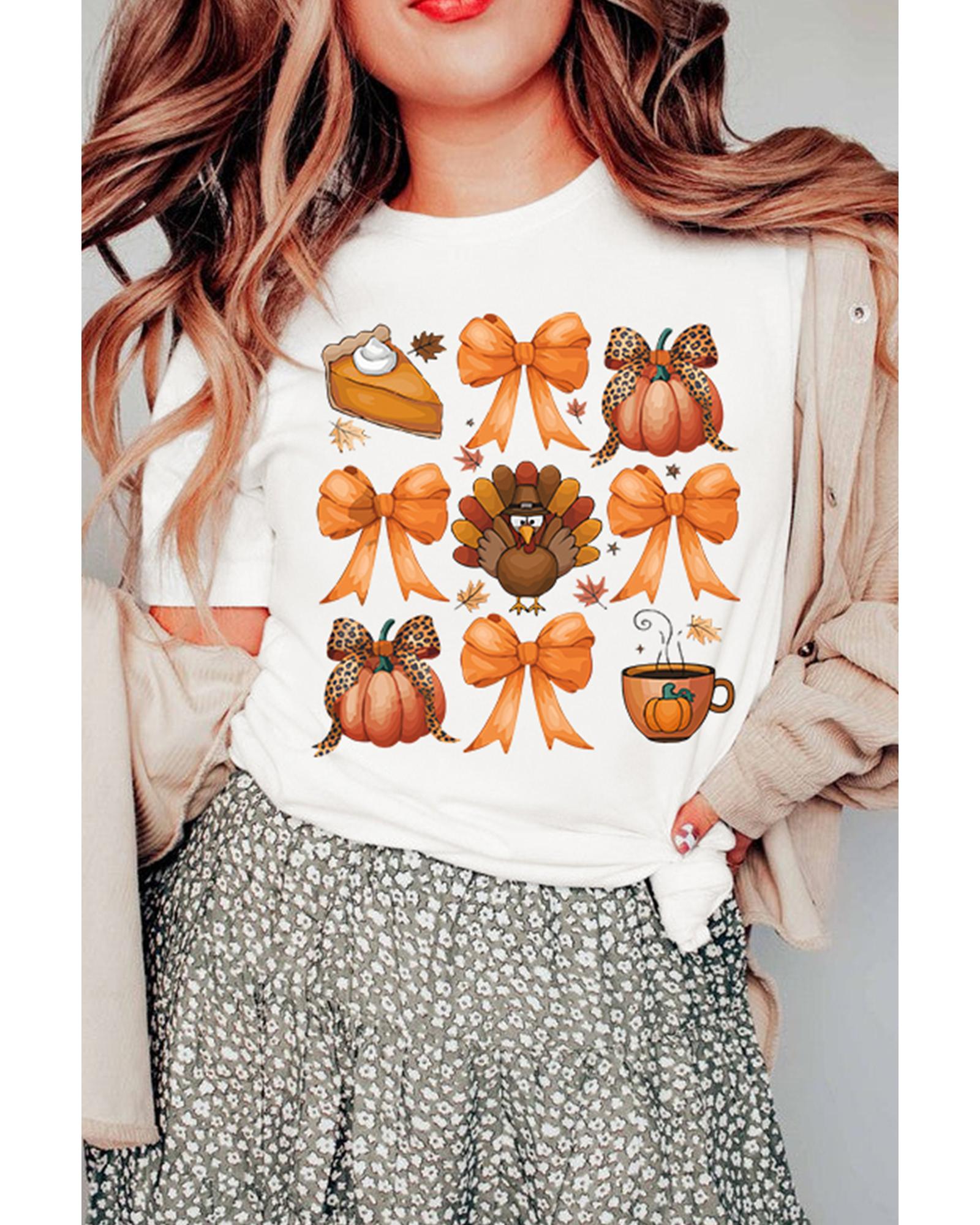 White Turkey Coquette Bow Pumpkin Thanksgiving T-Shirt - M