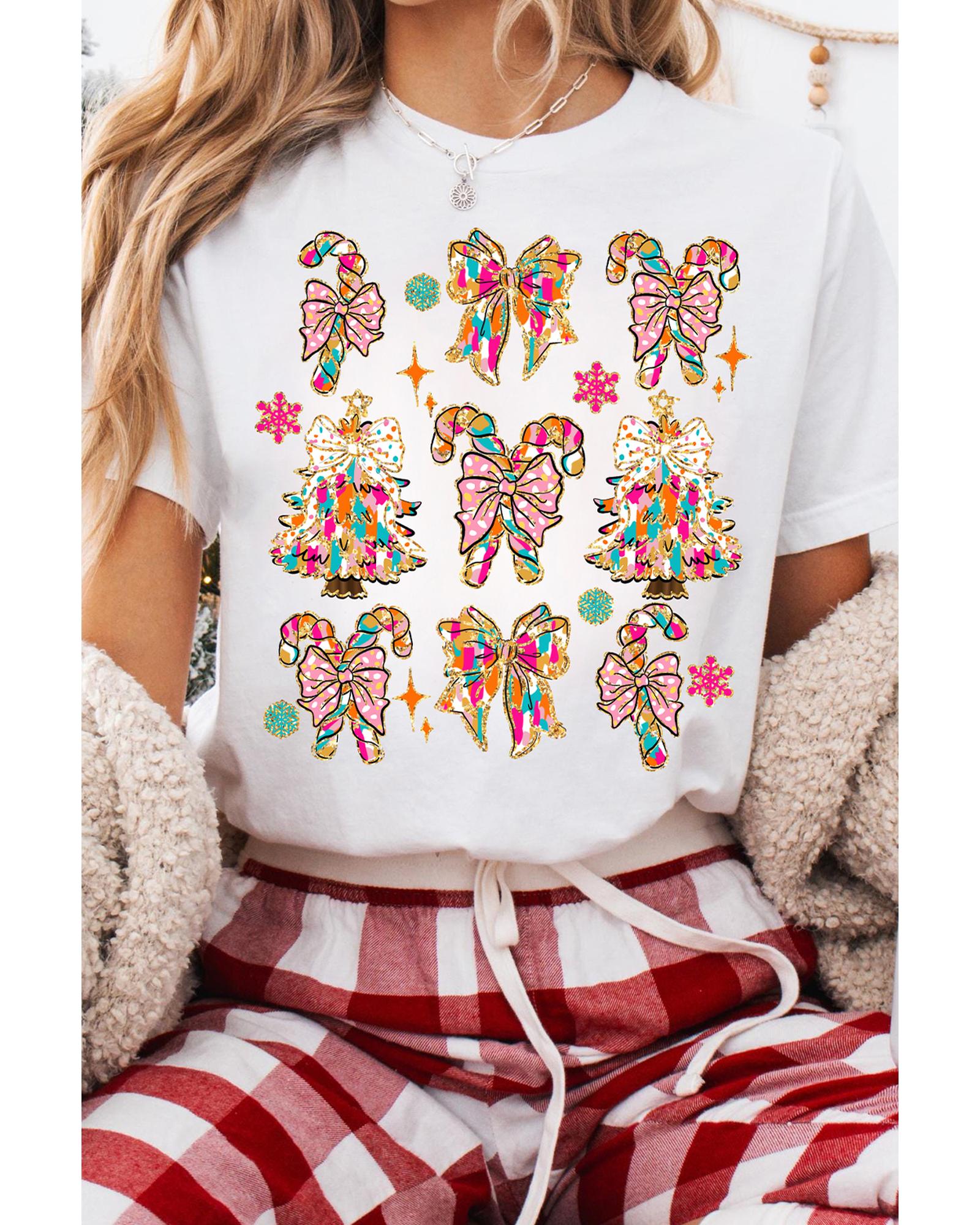 White Christmas Tree Bow Knot Print Round Neck T Shirt - 3XL