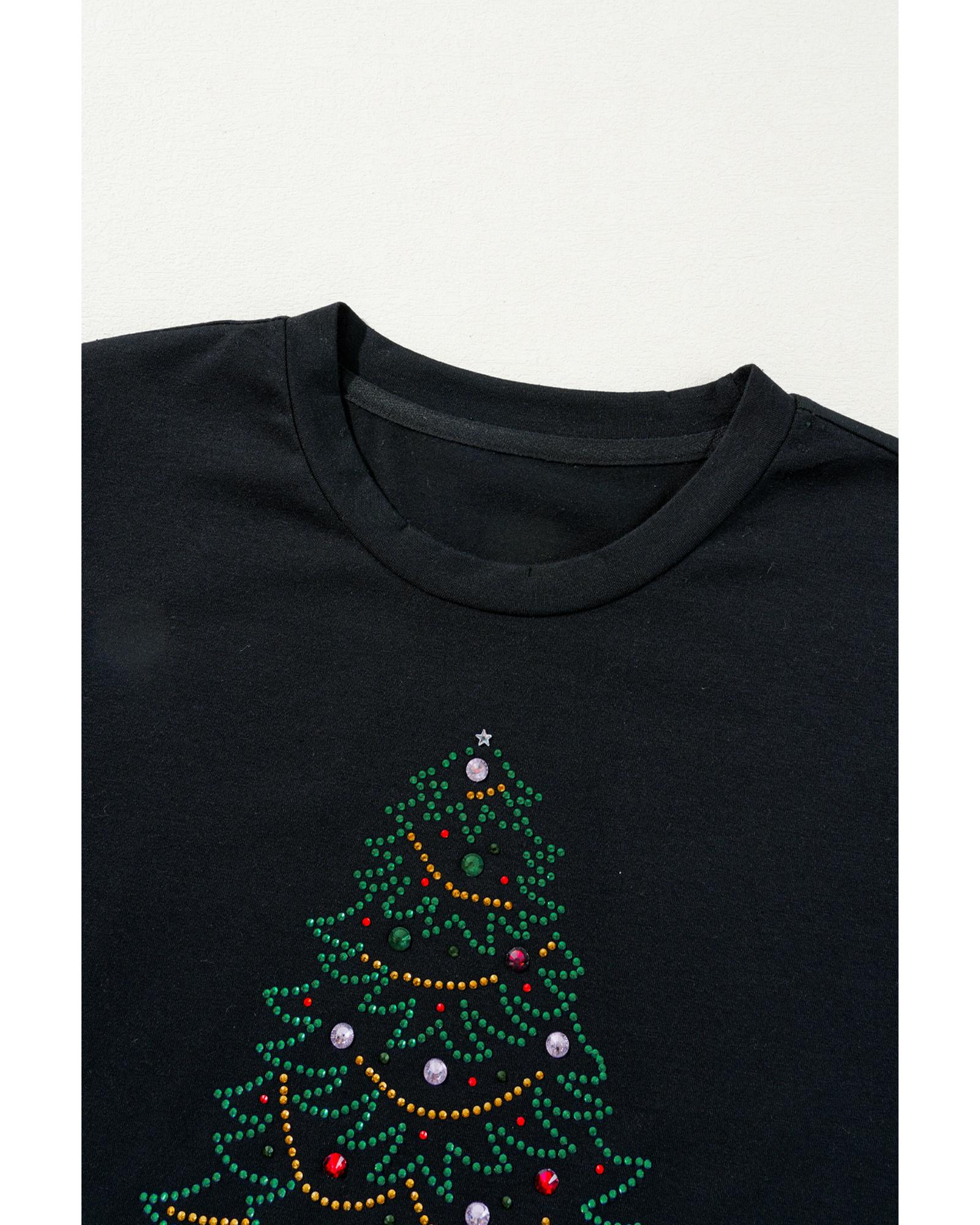 Black Rhinestone Christmas Tree Round Neck Graphic Tee - L
