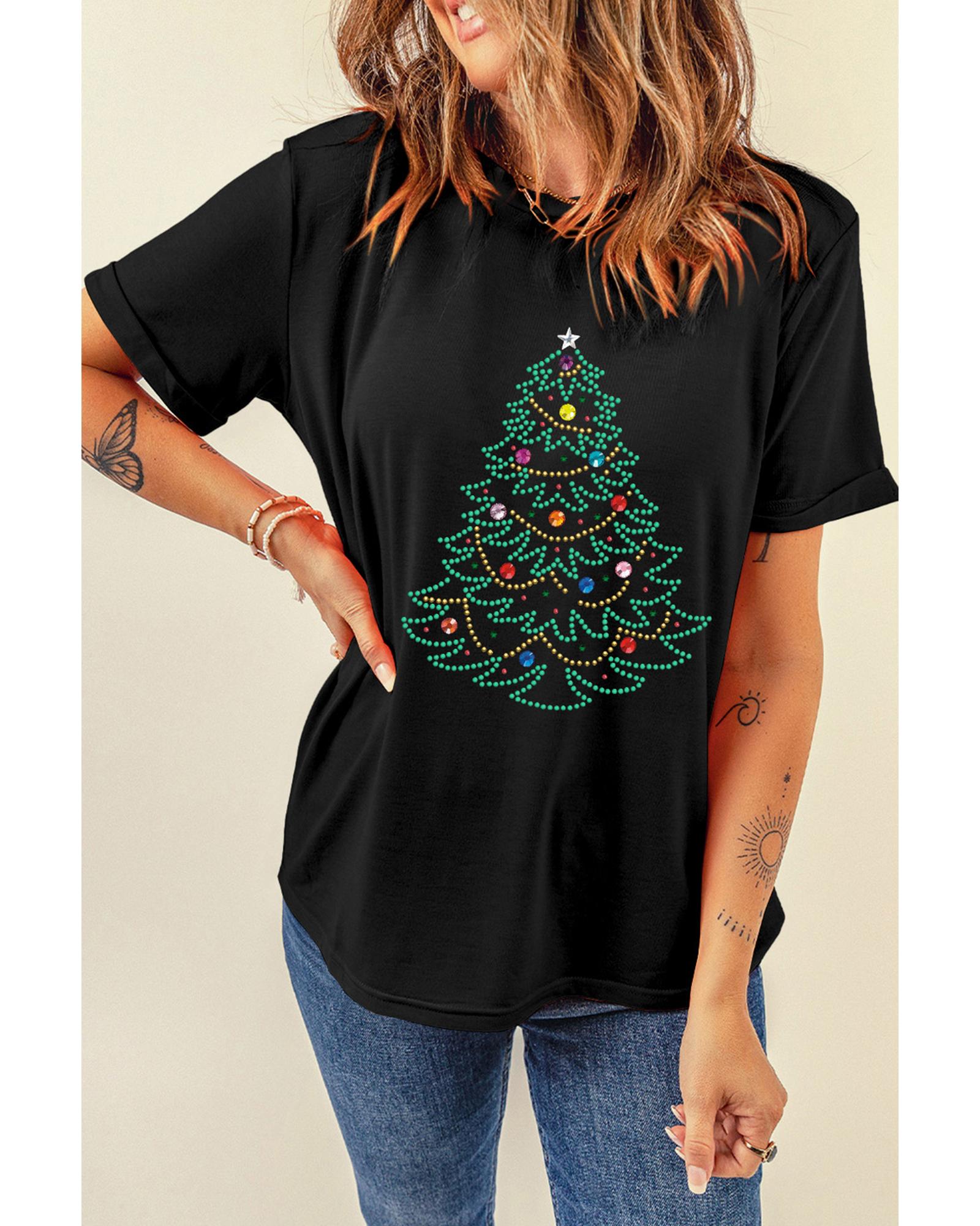 Black Rhinestone Christmas Tree Round Neck Graphic Tee - XL