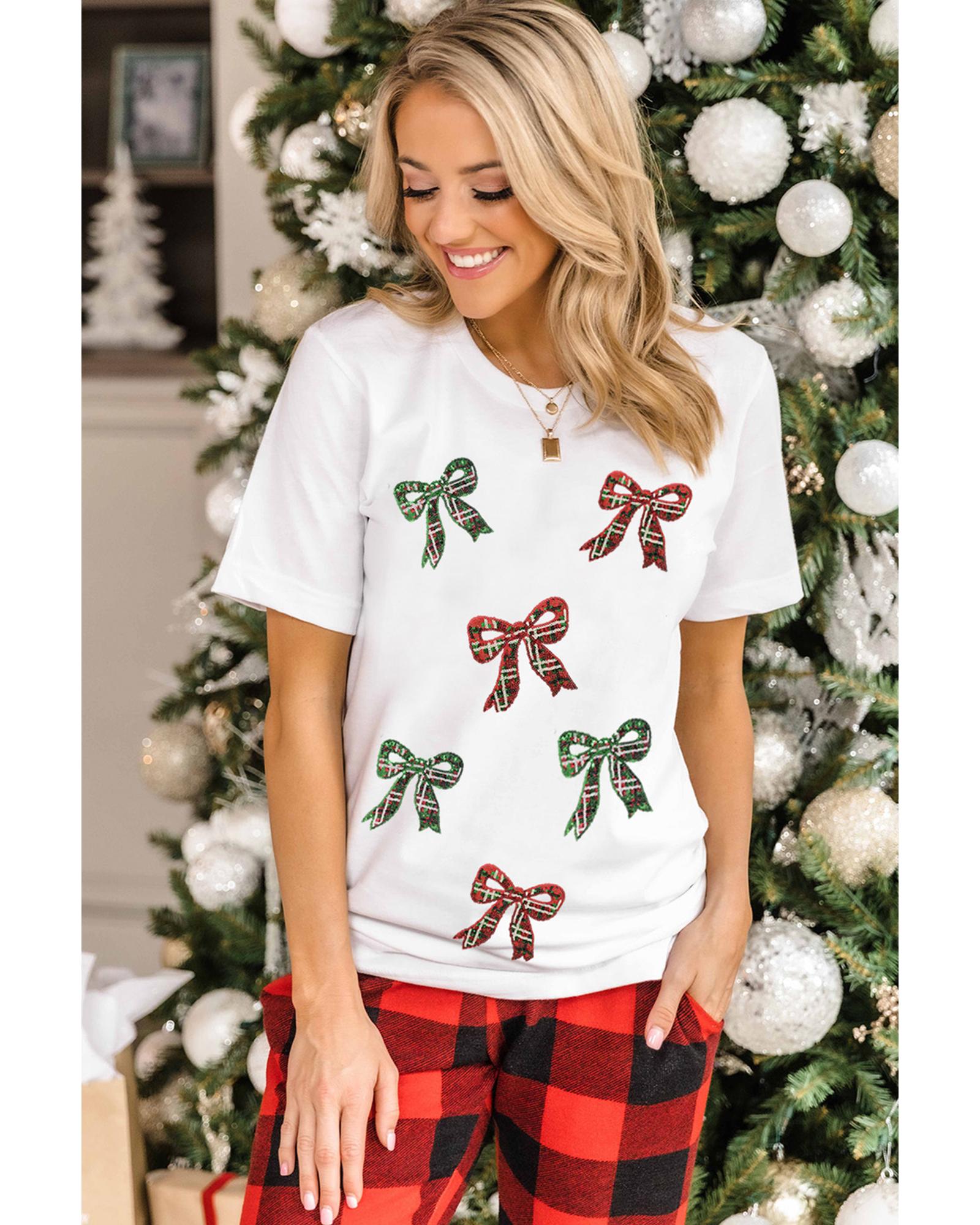 White Christmas Bowknot Graphic Cotton Blend T Shirt - XL