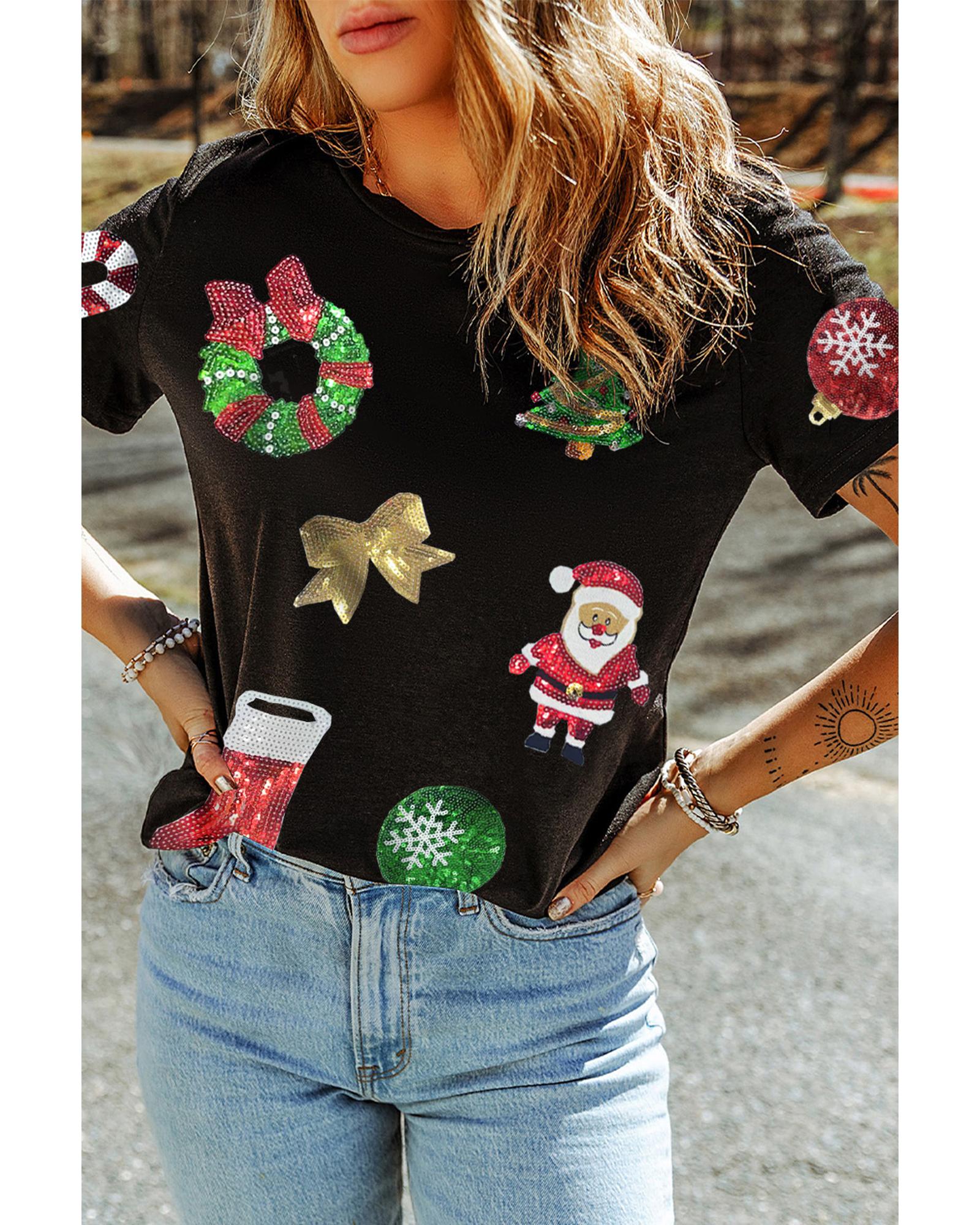 Black Sequin Christmas Essentials Graphic Crewneck T Shirt - L