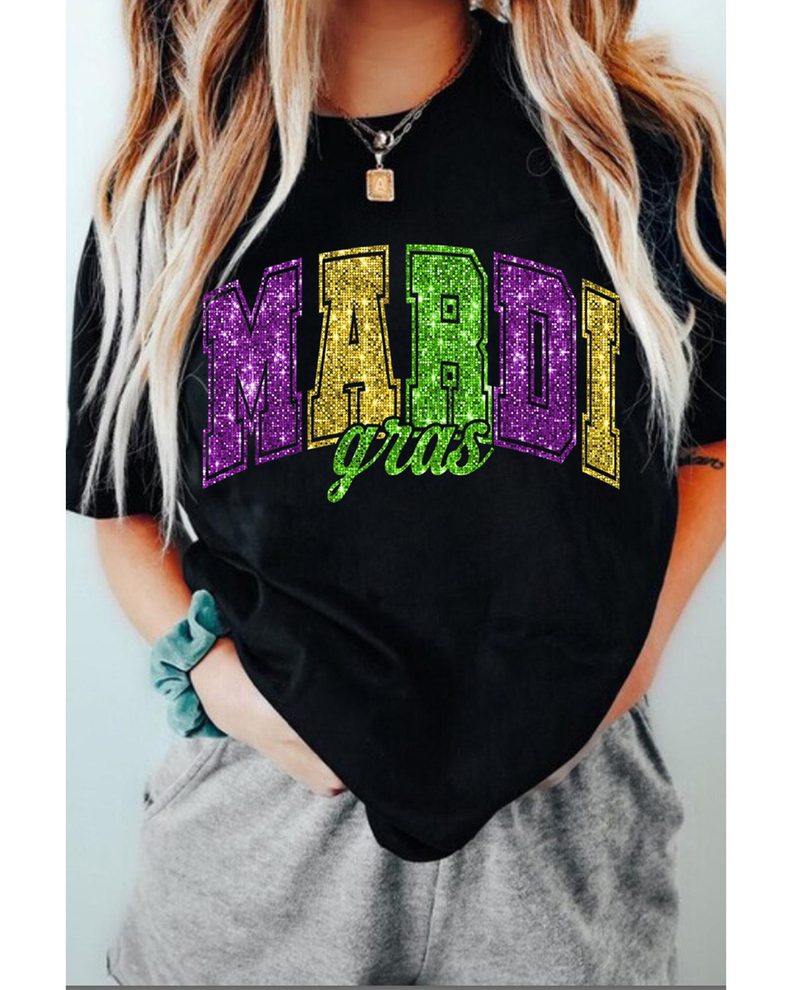 Black Mardi Gras Heat Transfer Graphic Holiday Tee - M