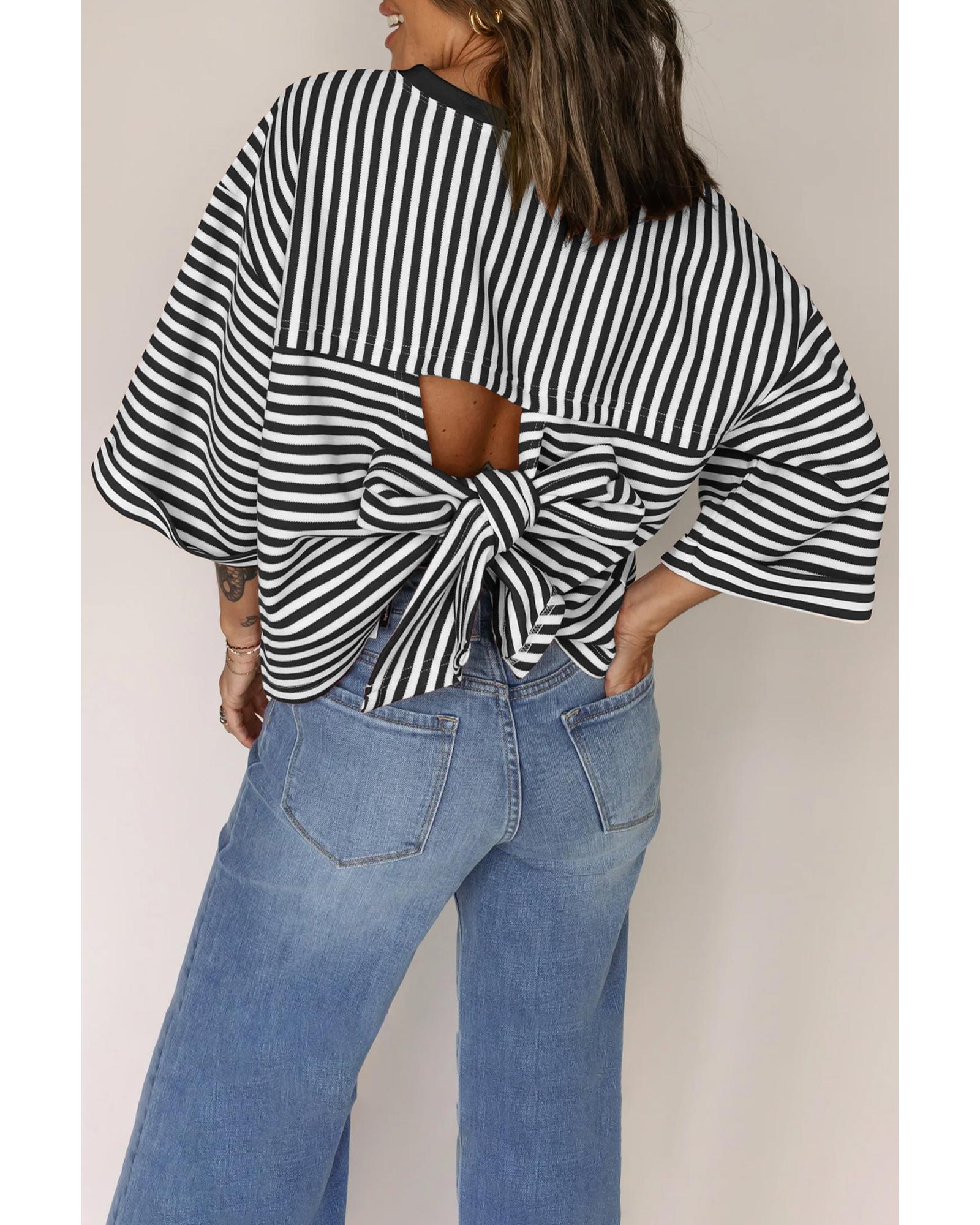 Black Stripe Bowknot Cutout Back Drop Shoulder Wide Bracelet Sleeve Loose Tee - L
