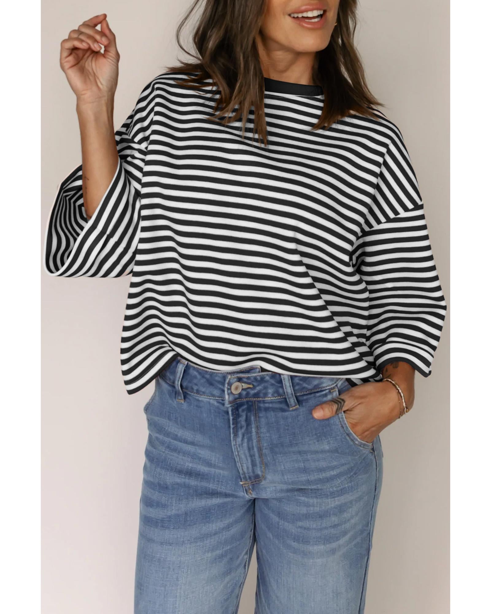 Black Stripe Bowknot Cutout Back Drop Shoulder Wide Bracelet Sleeve Loose Tee - L