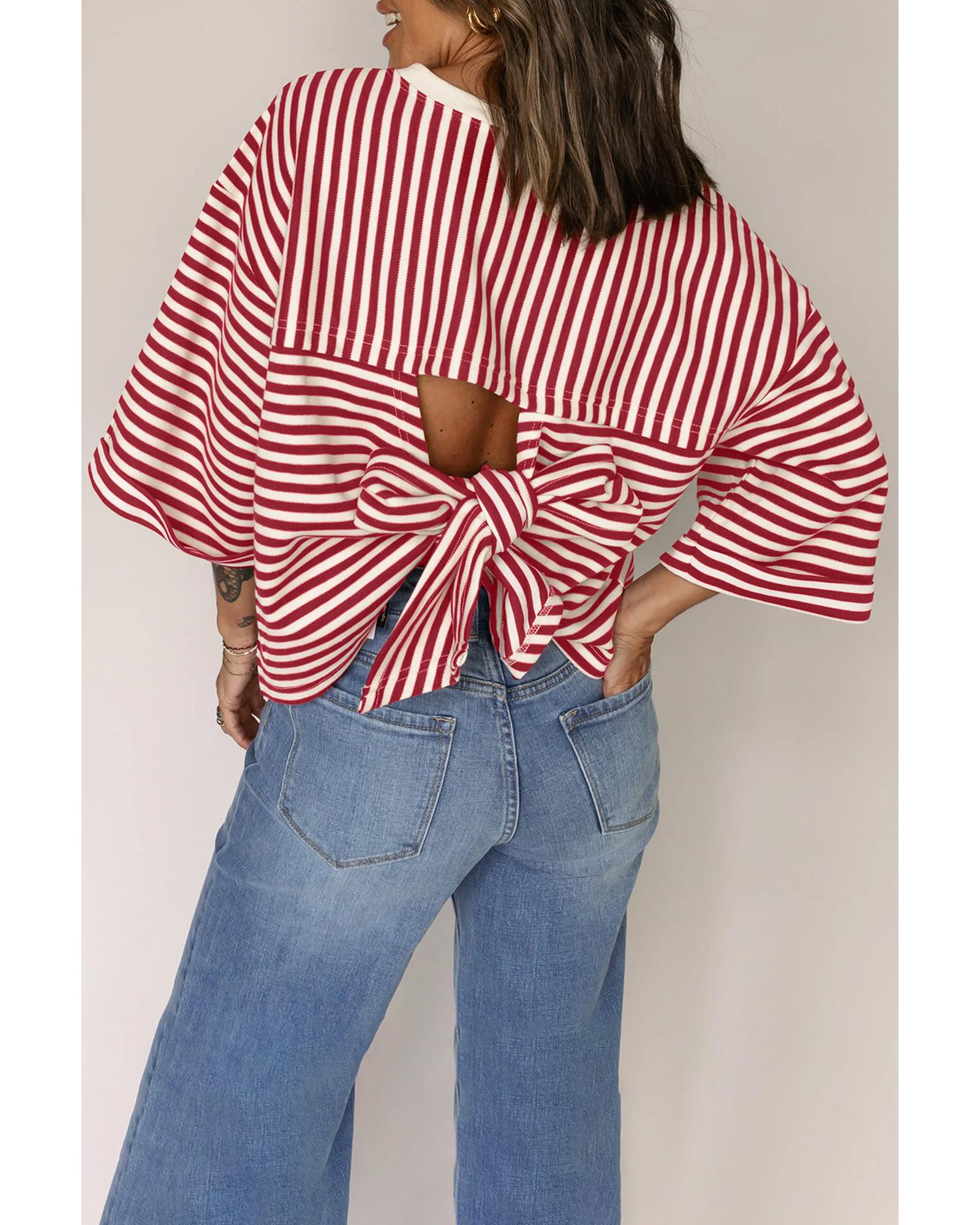 Red Stripe Bowknot Cutout Back Drop Shoulder Wide Bracelet Sleeve Loose Tee - XL