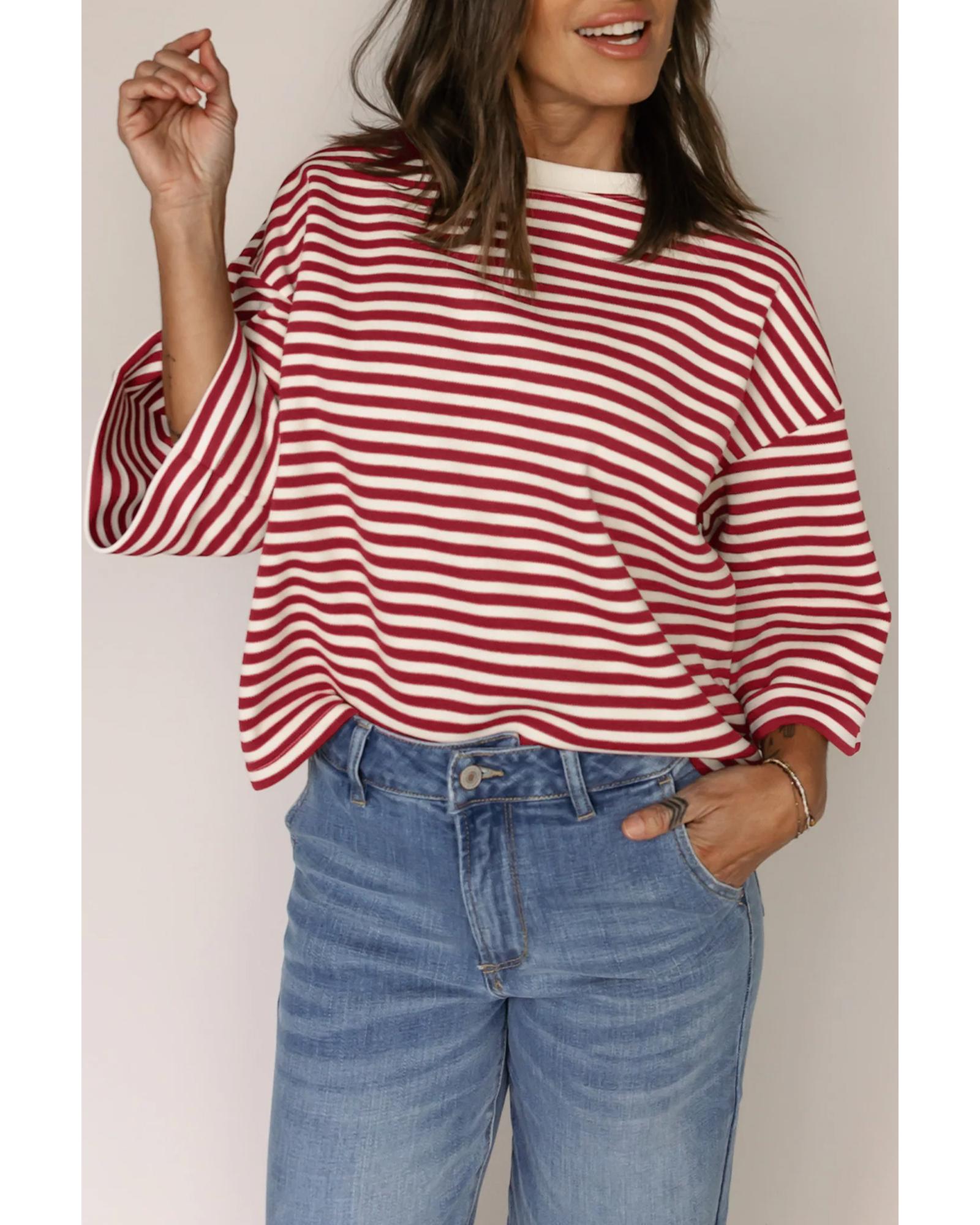 Red Stripe Bowknot Cutout Back Drop Shoulder Wide Bracelet Sleeve Loose Tee - XL
