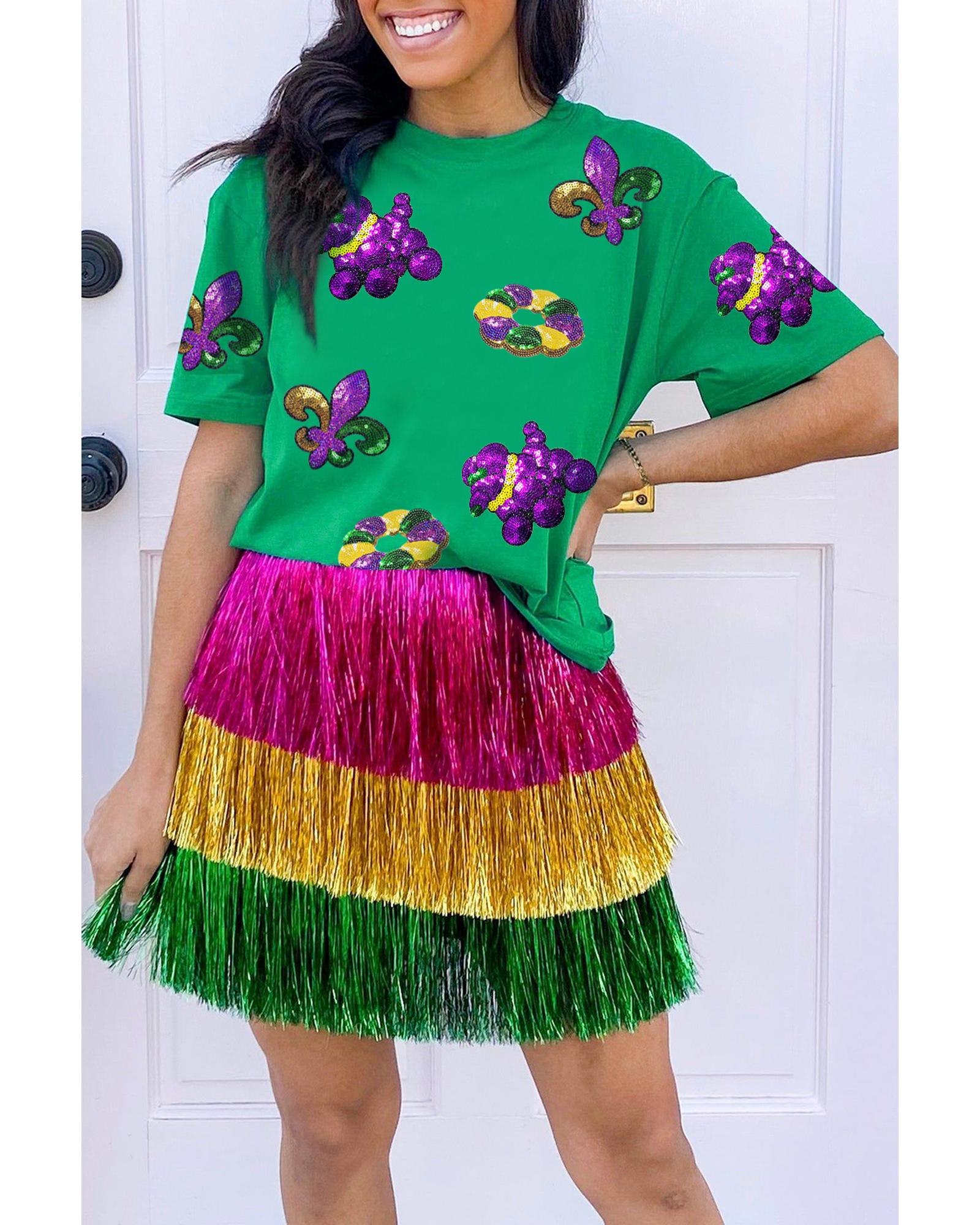 Bright Green Mardi Gras Sequin Patched Graphic Tee - XL