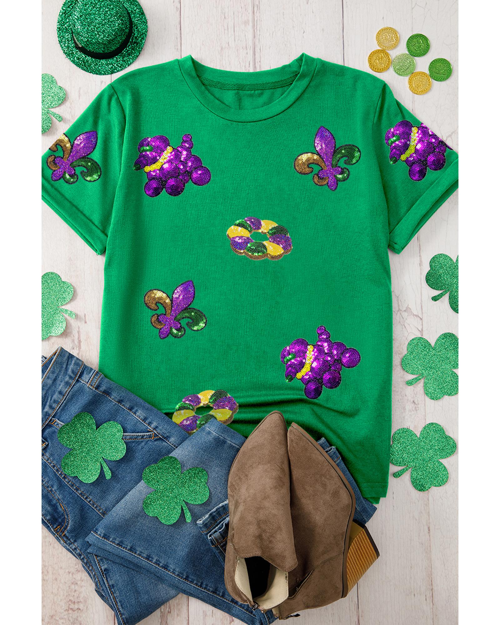 Bright Green Mardi Gras Sequin Patched Graphic Tee - XL