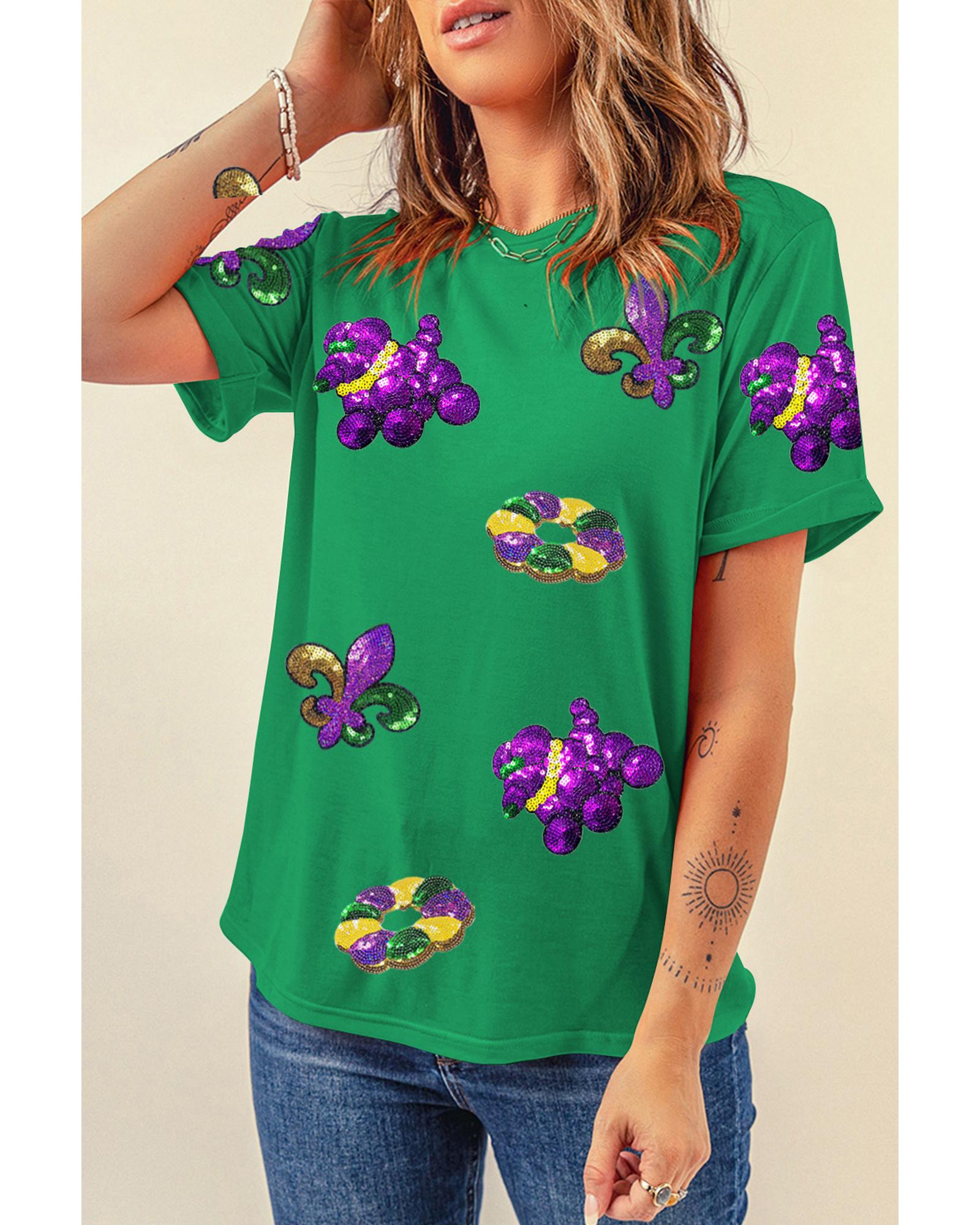 Bright Green Mardi Gras Sequin Patched Graphic Tee - XL