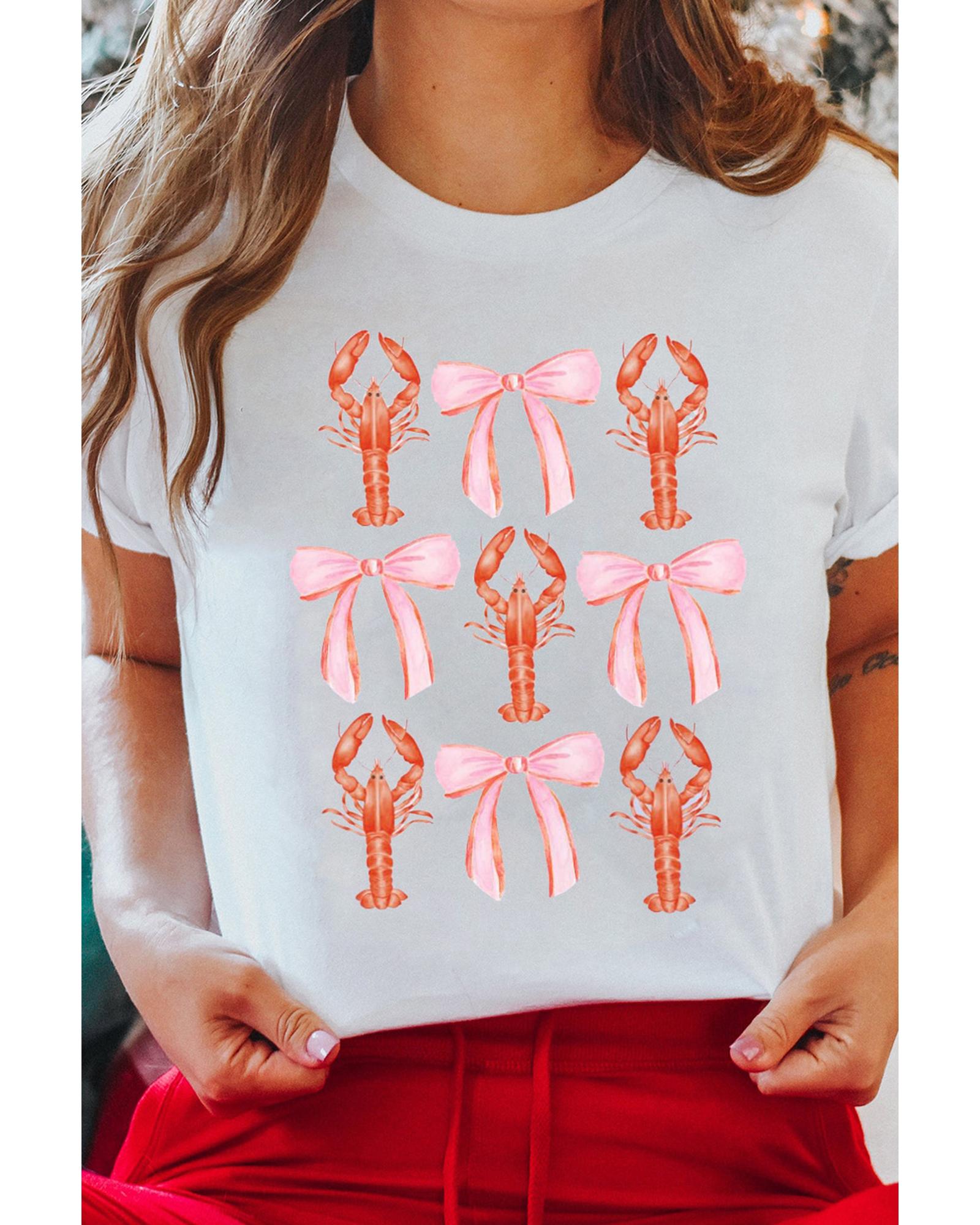 White Crawfish Bow Printed Summer T Shirt - XL