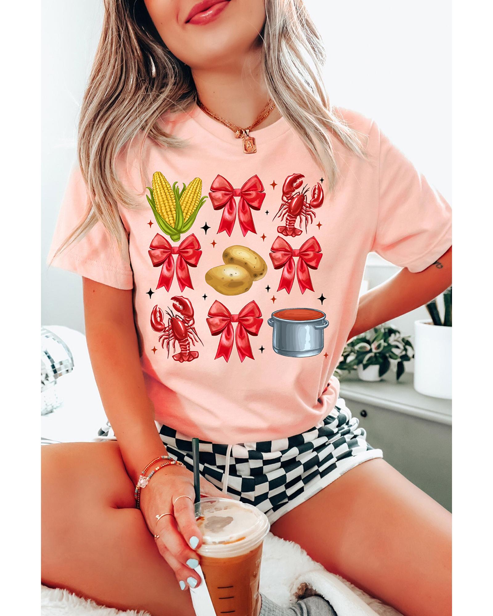 Pink Summer Food Bow Crawfish Printed T Shirt - L
