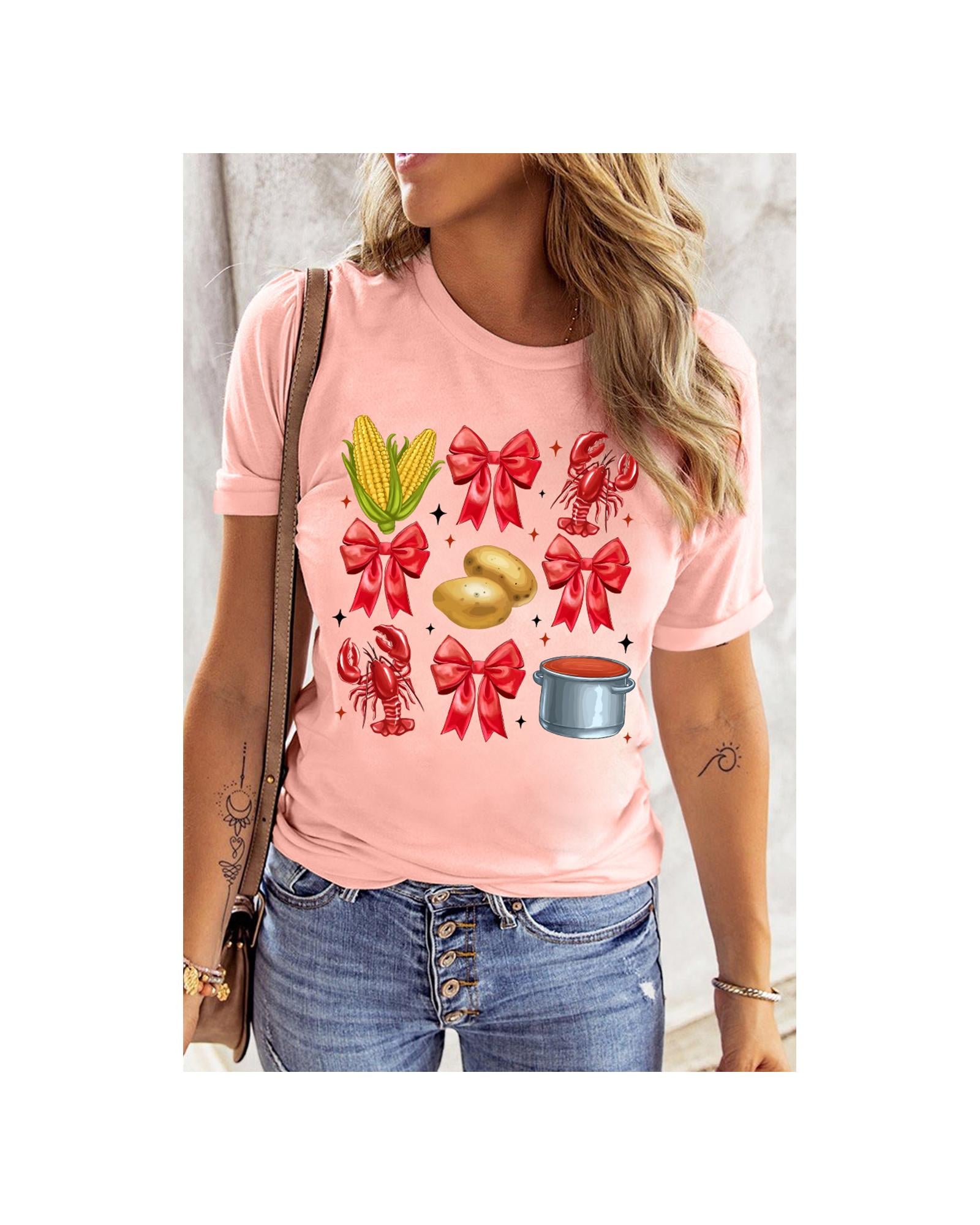 Pink Summer Food Bow Crawfish Printed T Shirt - L