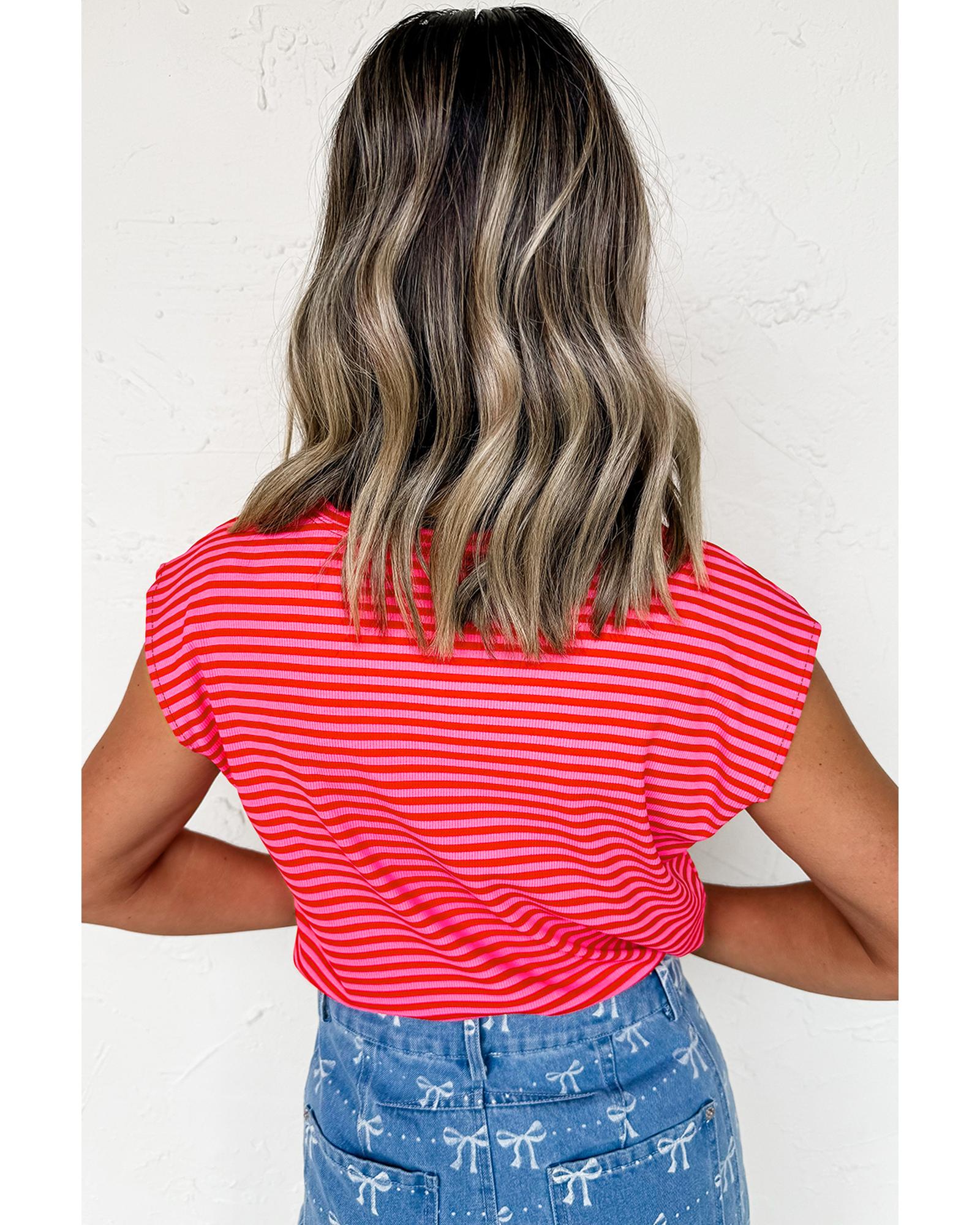 Red Stripe Ribbed Cap Sleeve Round Neck T Shirt - L