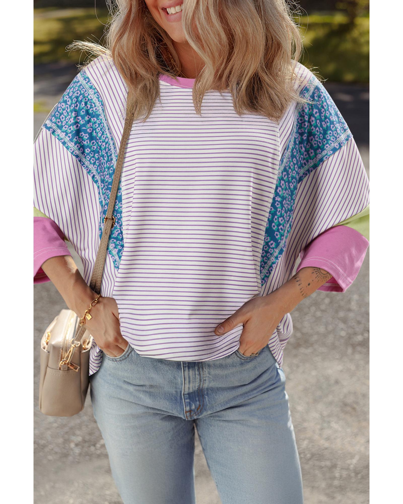 Purple Stripe Floral Color Block Raw Edge Patchwork Bracelet Sleeve Blouse - L