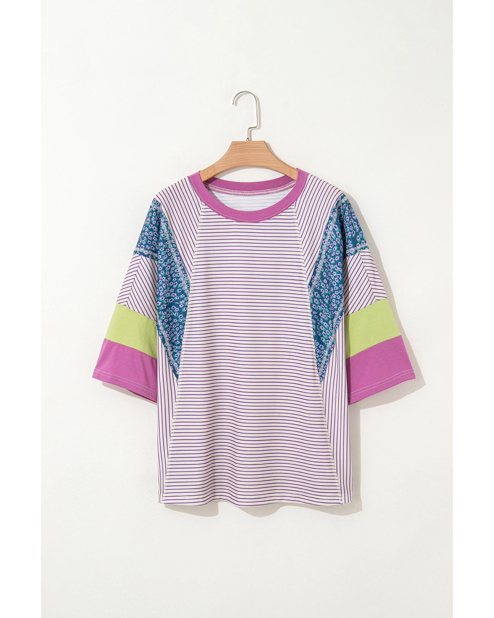 Purple Stripe Floral Color Block Raw Edge Patchwork Bracelet Sleeve Blouse - L