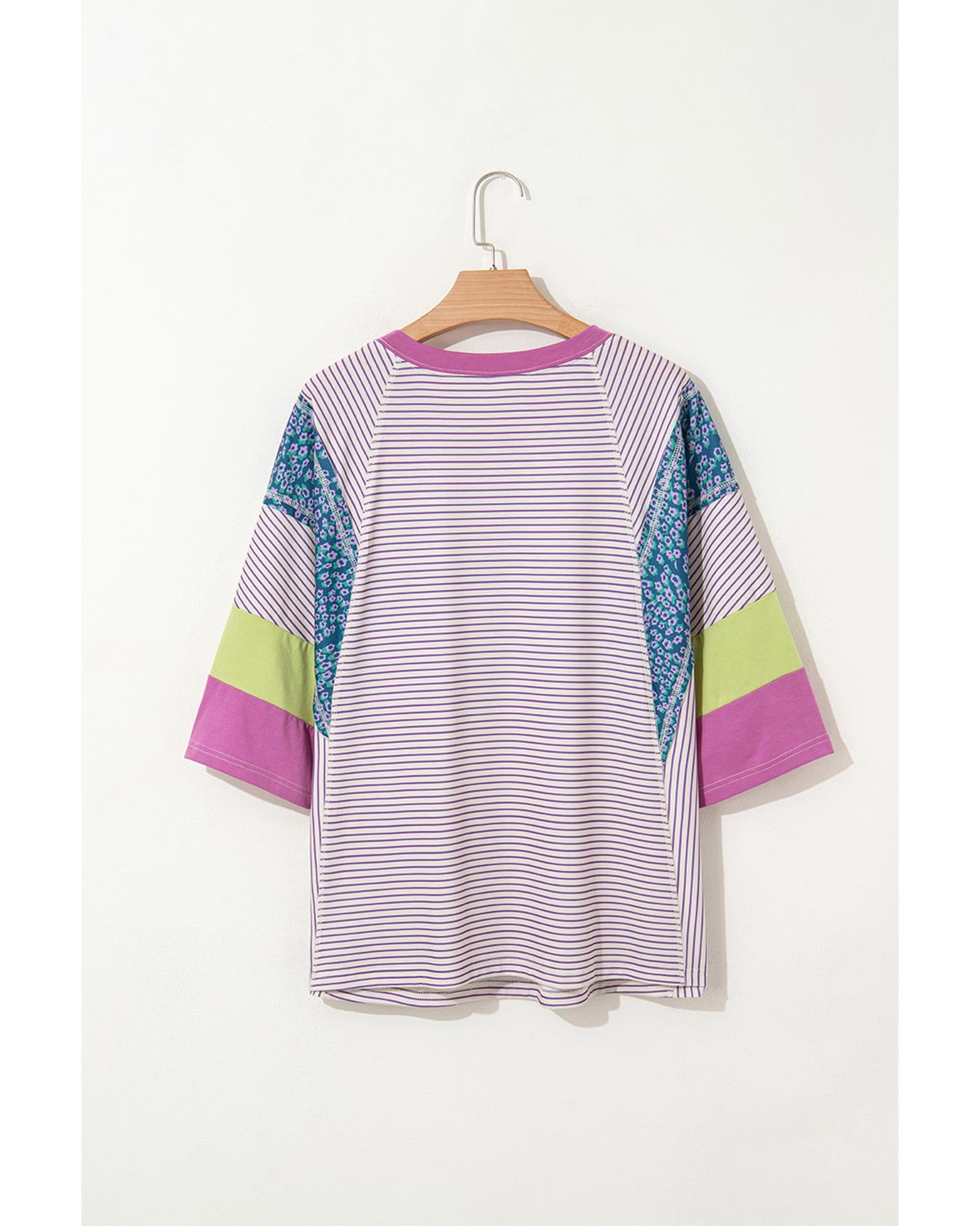 Purple Stripe Floral Color Block Raw Edge Patchwork Bracelet Sleeve Blouse - L