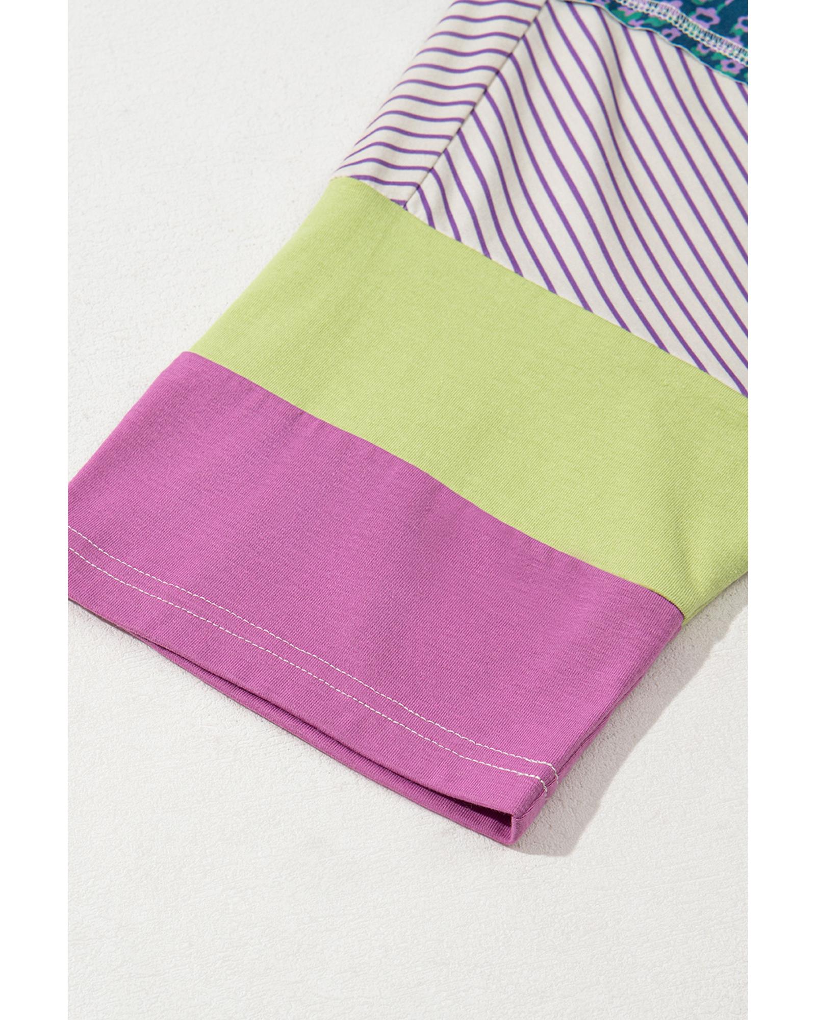 Purple Stripe Floral Color Block Raw Edge Patchwork Bracelet Sleeve Blouse - L