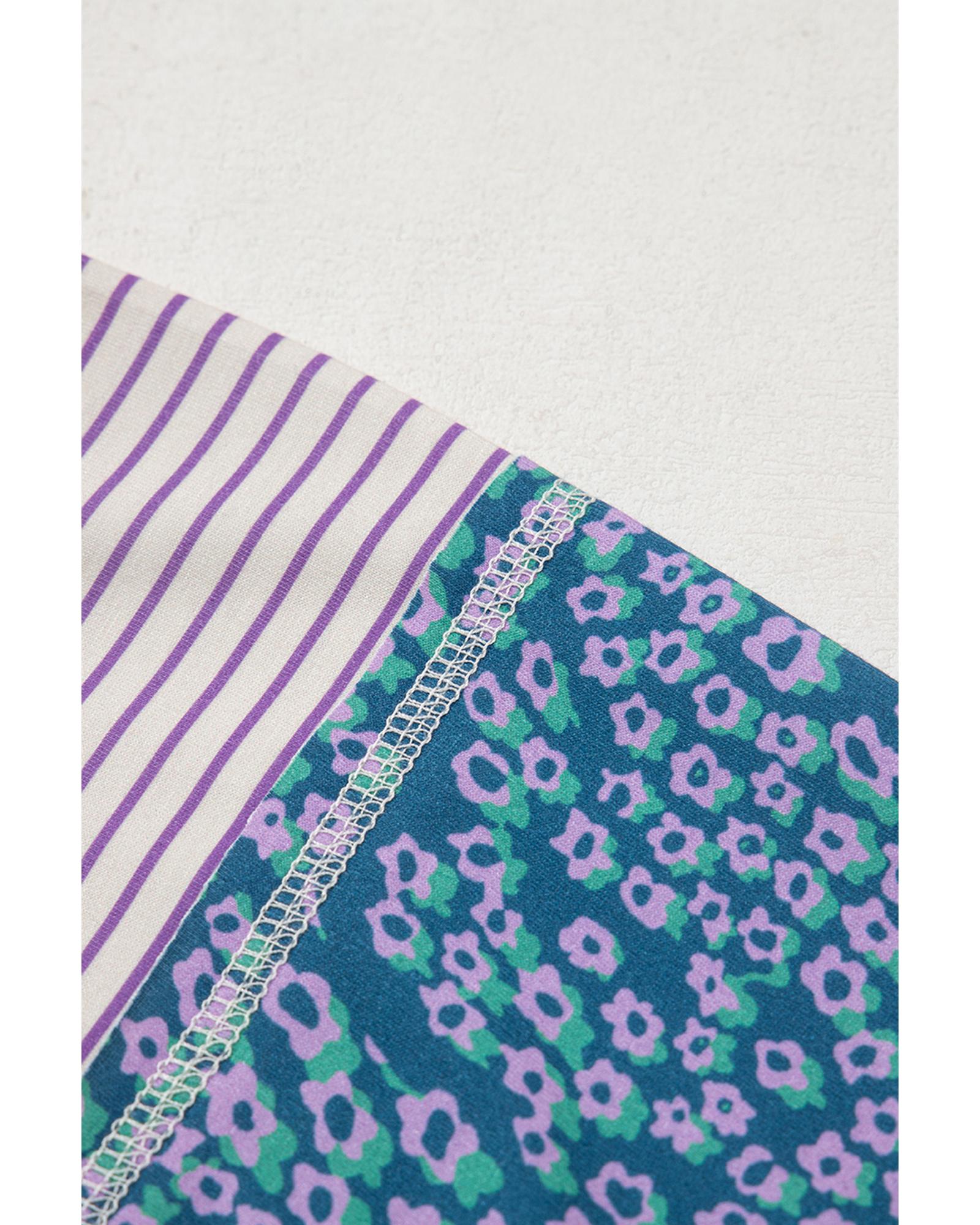 Purple Stripe Floral Color Block Raw Edge Patchwork Bracelet Sleeve Blouse - L