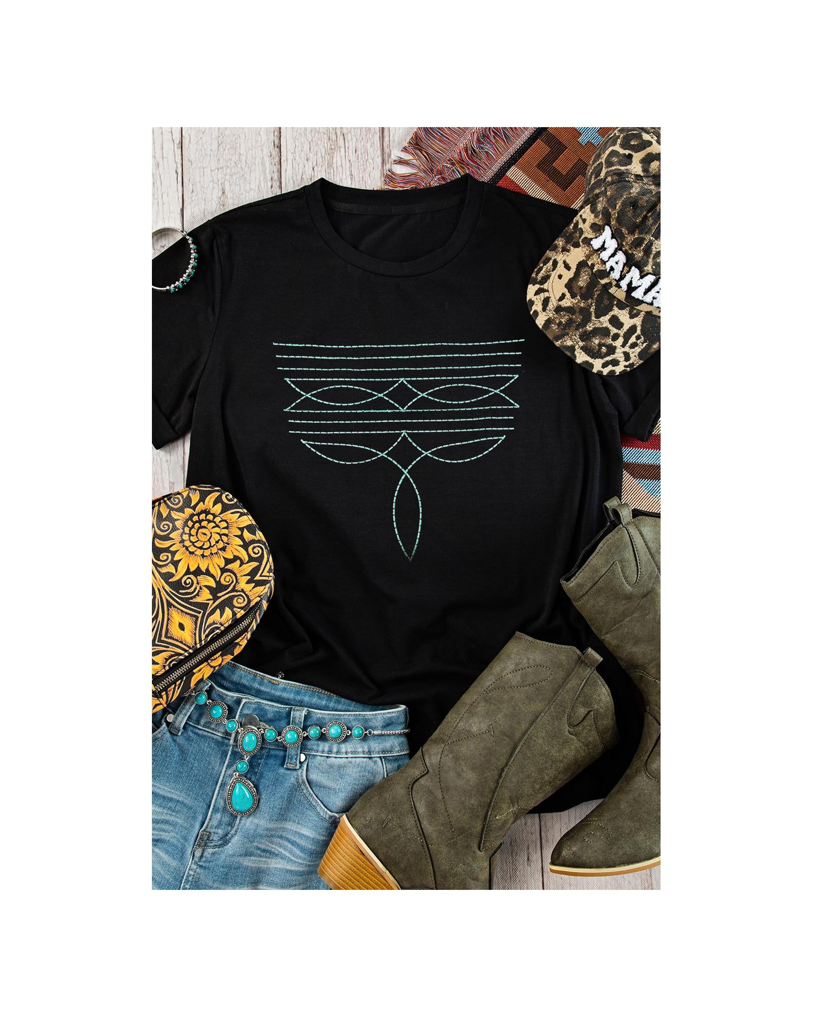 Black Western Fashion Geometric Embroidered T Shirt - M